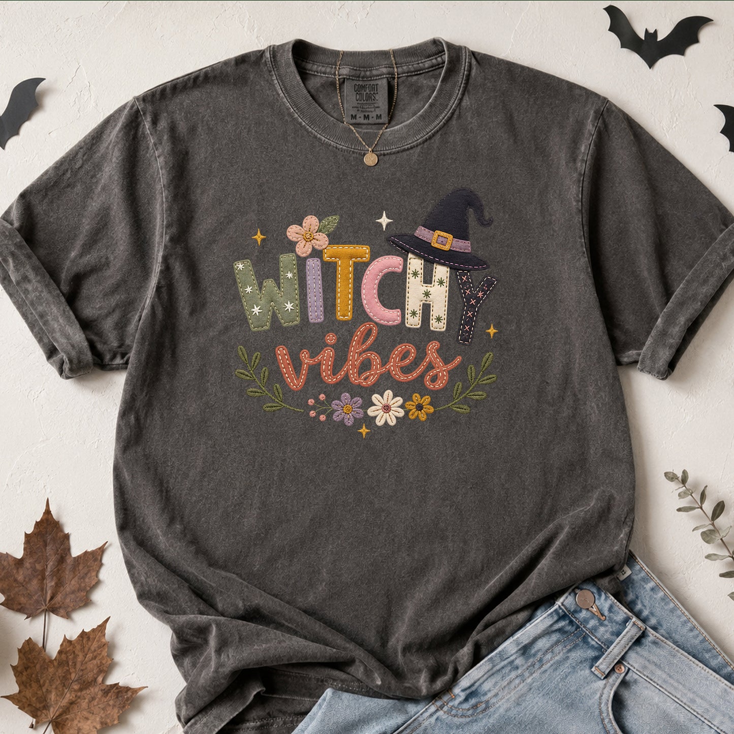 Witchy Vibes Faux Patchwork Embroidery T-shirt