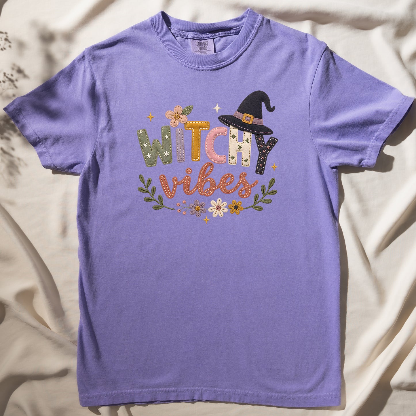 Witchy Vibes Faux Patchwork Embroidery T-shirt