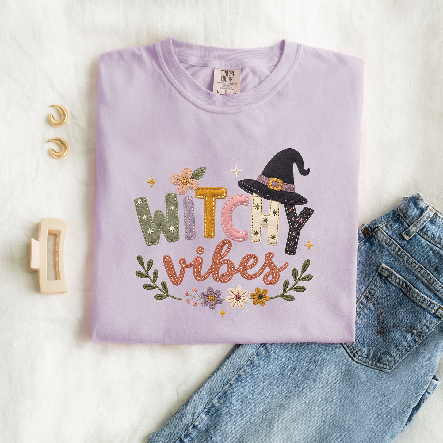 Witchy Vibes Faux Patchwork Embroidery T-shirt