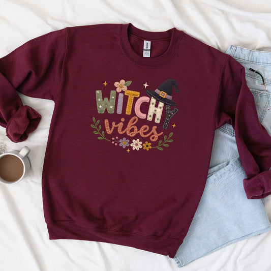 Witchy Vibes Faux Patchwork Embroidery Crewneck Sweatshirt