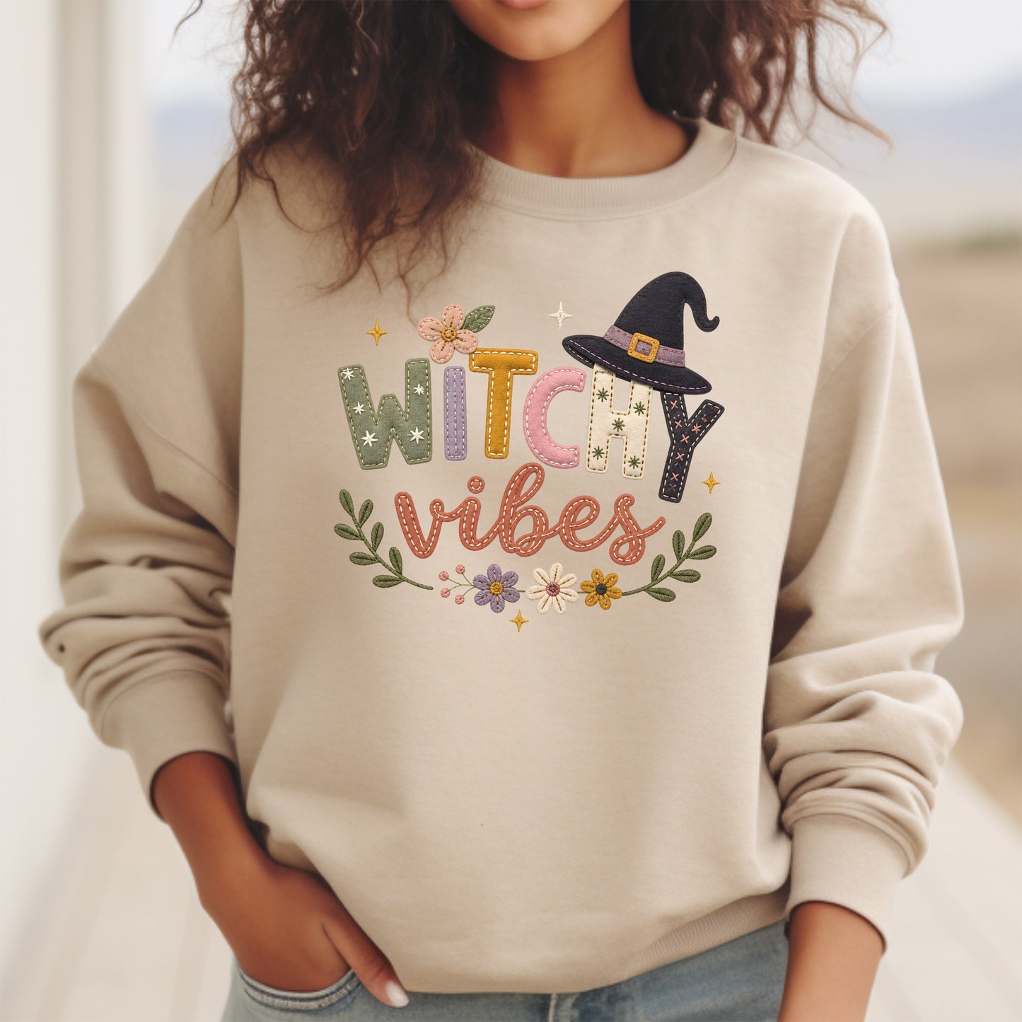 Witchy Vibes Faux Patchwork Embroidery Crewneck Sweatshirt