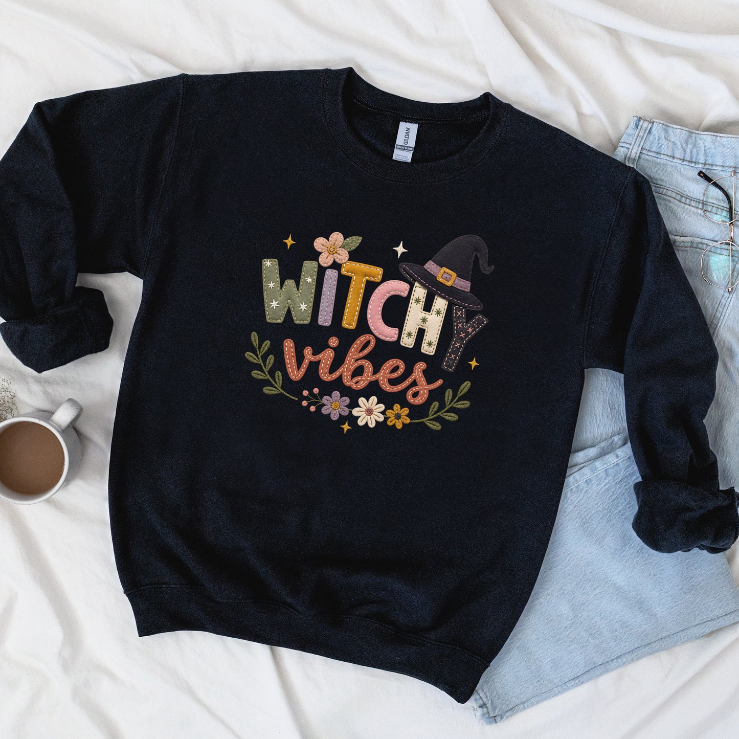 Witchy Vibes Faux Patchwork Embroidery Crewneck Sweatshirt