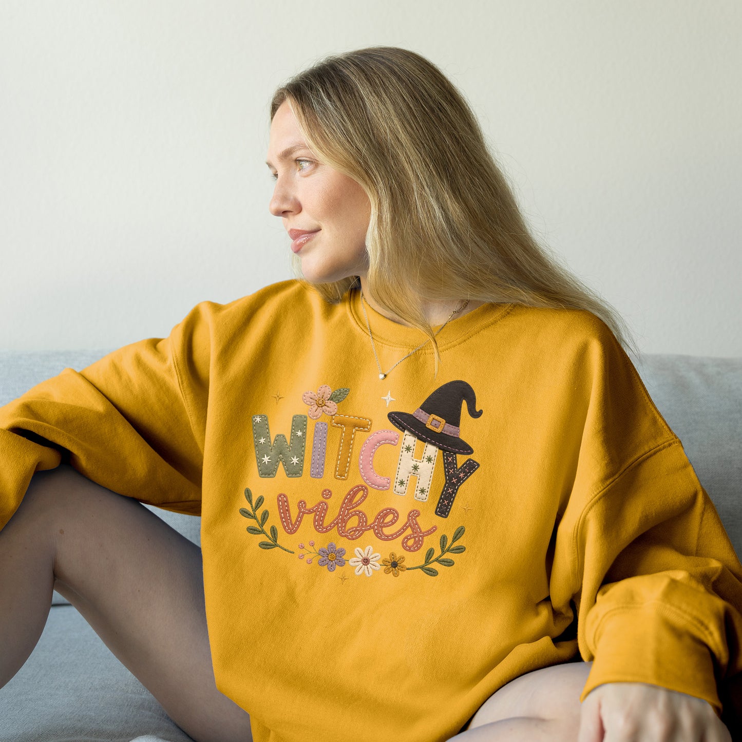 Witchy Vibes Faux Patchwork Embroidery Crewneck Sweatshirt