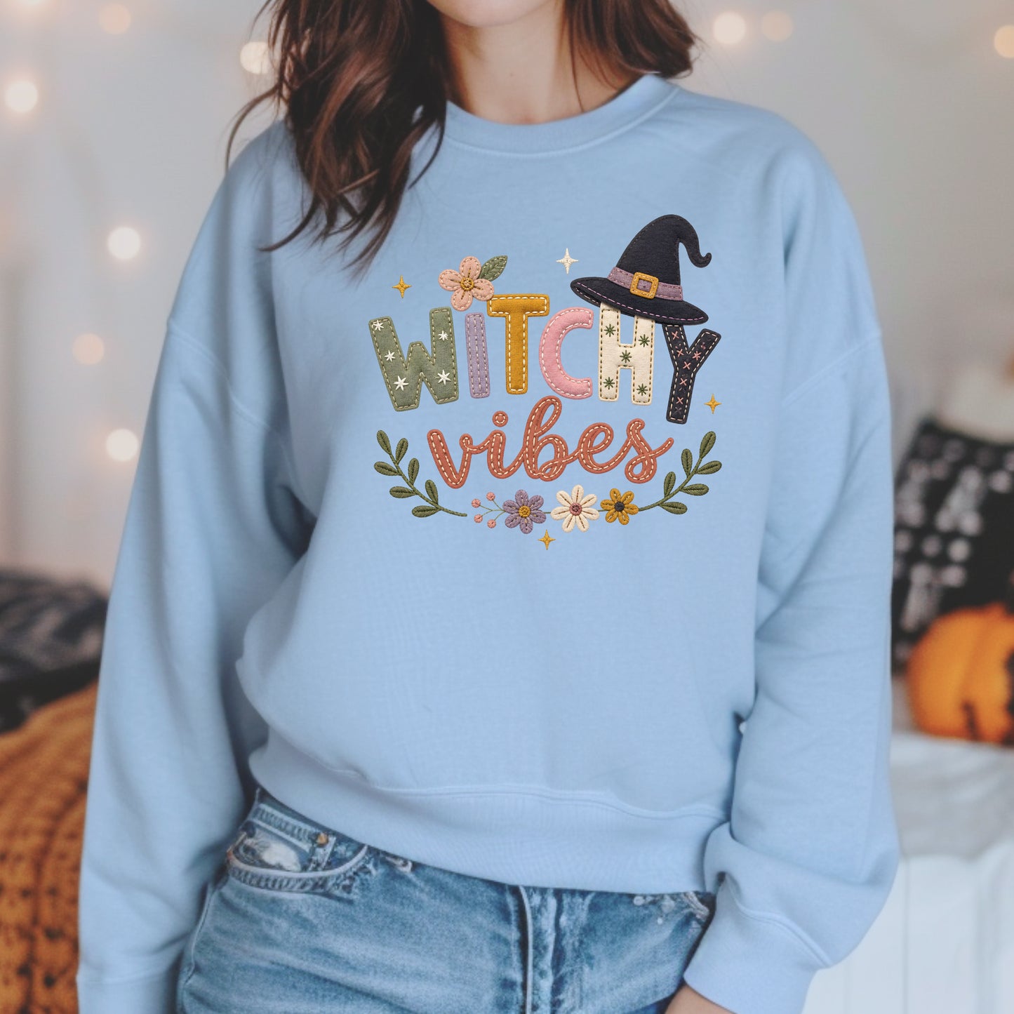 Witchy Vibes Faux Patchwork Embroidery Crewneck Sweatshirt
