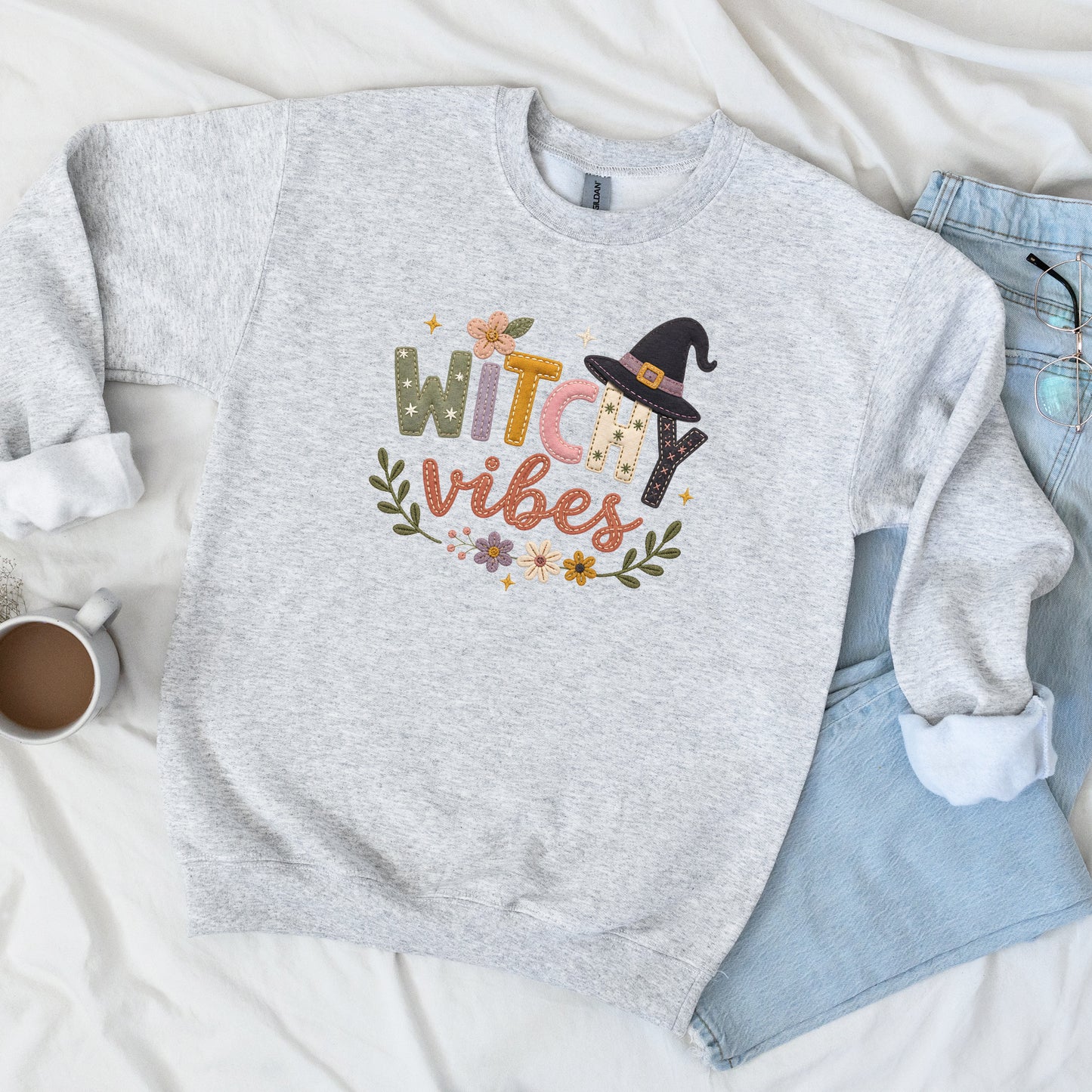 Witchy Vibes Faux Patchwork Embroidery Crewneck Sweatshirt