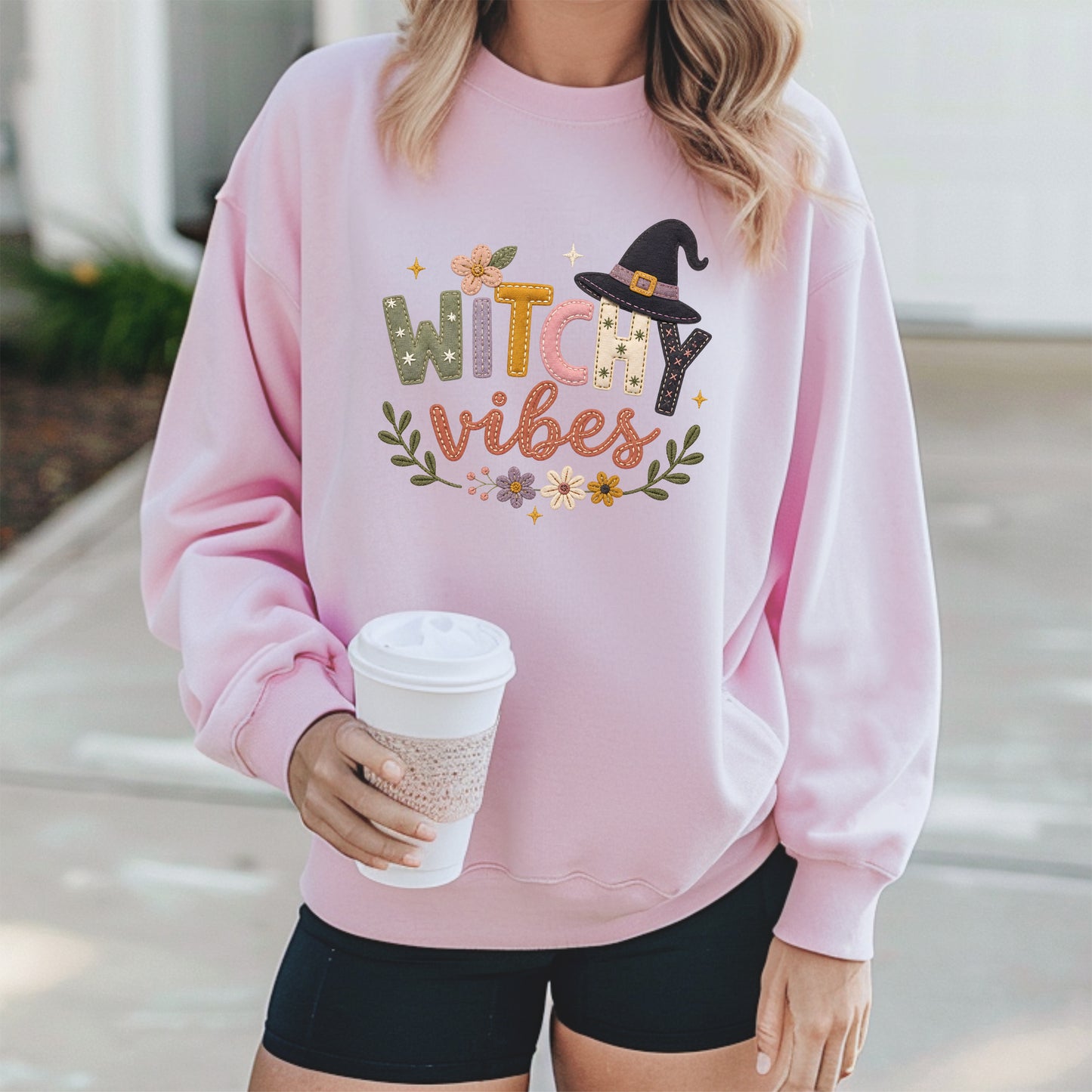 Witchy Vibes Faux Patchwork Embroidery Crewneck Sweatshirt