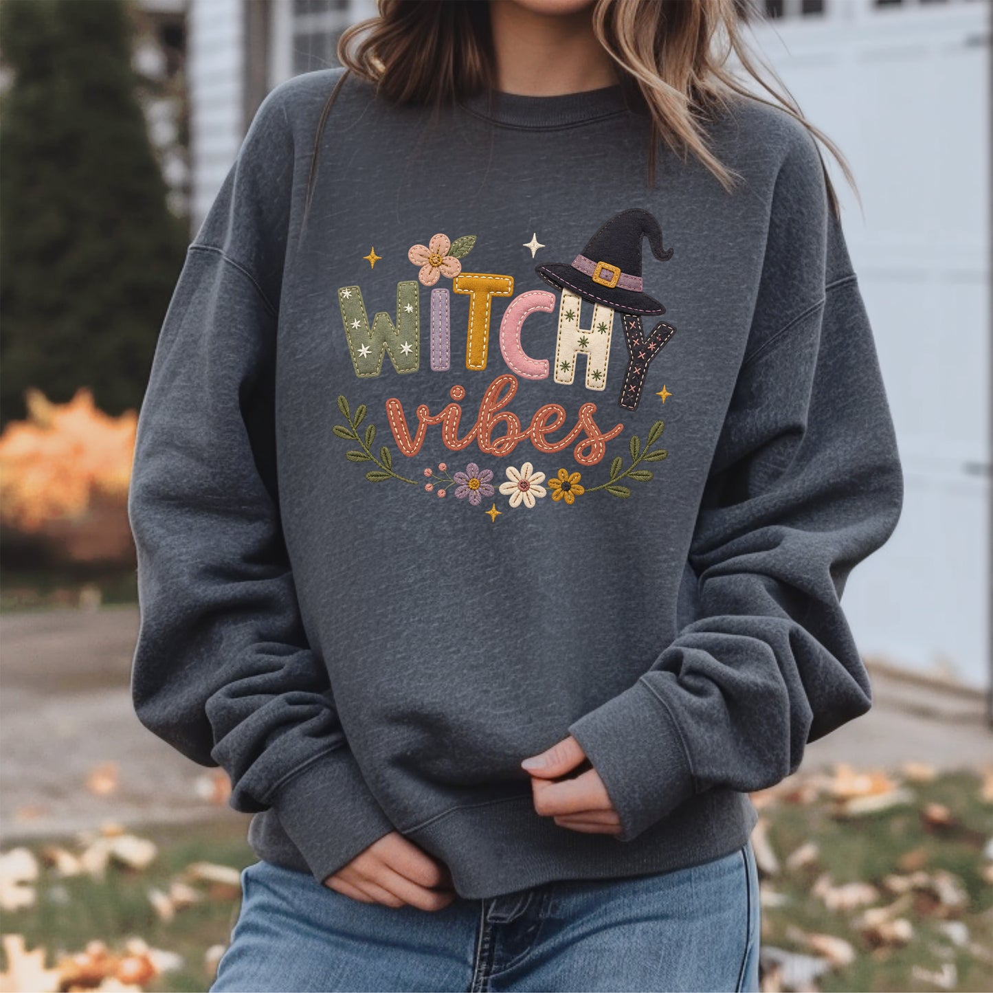 Witchy Vibes Faux Patchwork Embroidery Crewneck Sweatshirt