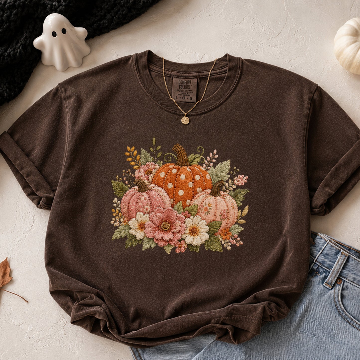 Orange & Pink Trio of Pumpkins with Flower Blooms Faux Patchwork Embroidery T-shirt