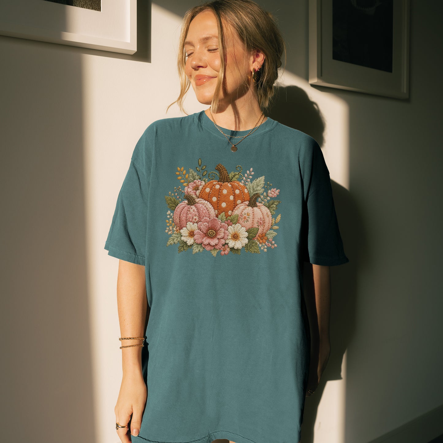 Orange & Pink Trio of Pumpkins with Flower Blooms Faux Patchwork Embroidery T-shirt