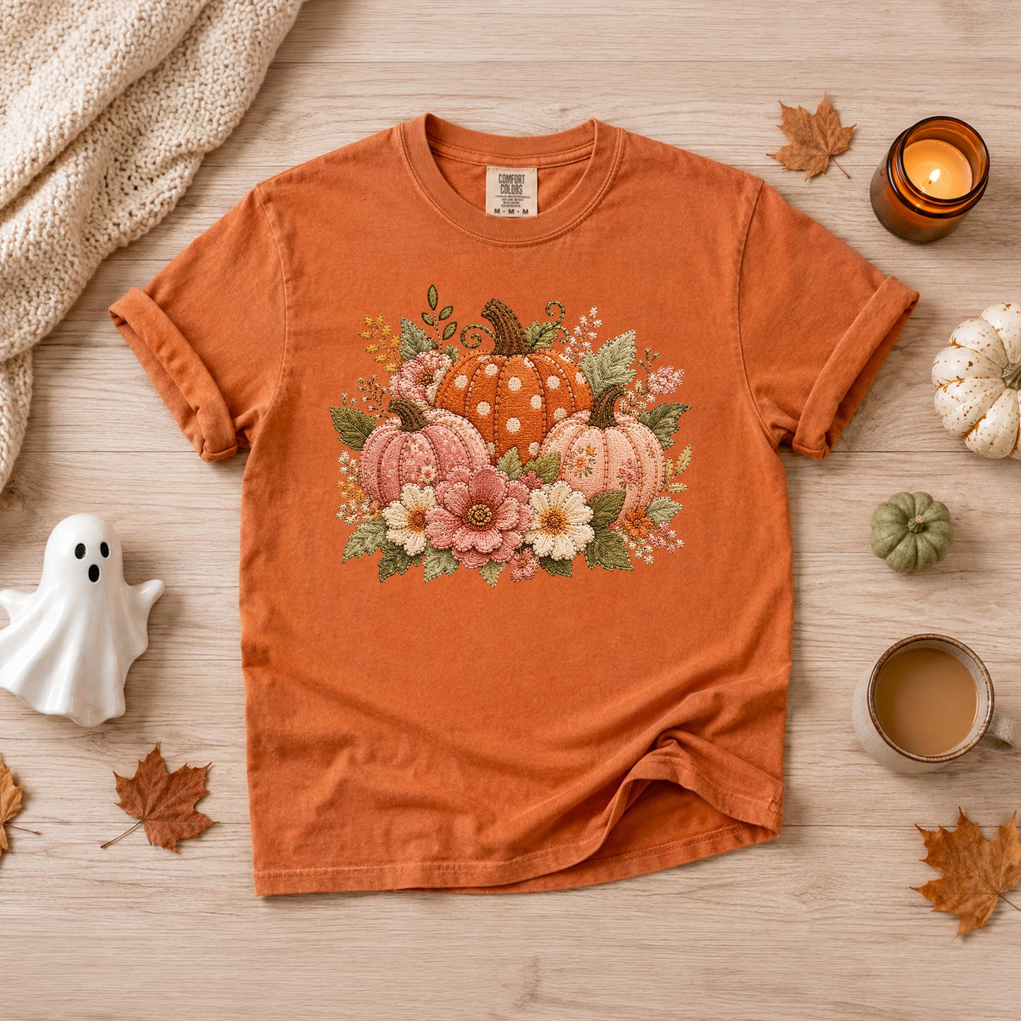 Orange & Pink Trio of Pumpkins with Flower Blooms Faux Patchwork Embroidery T-shirt