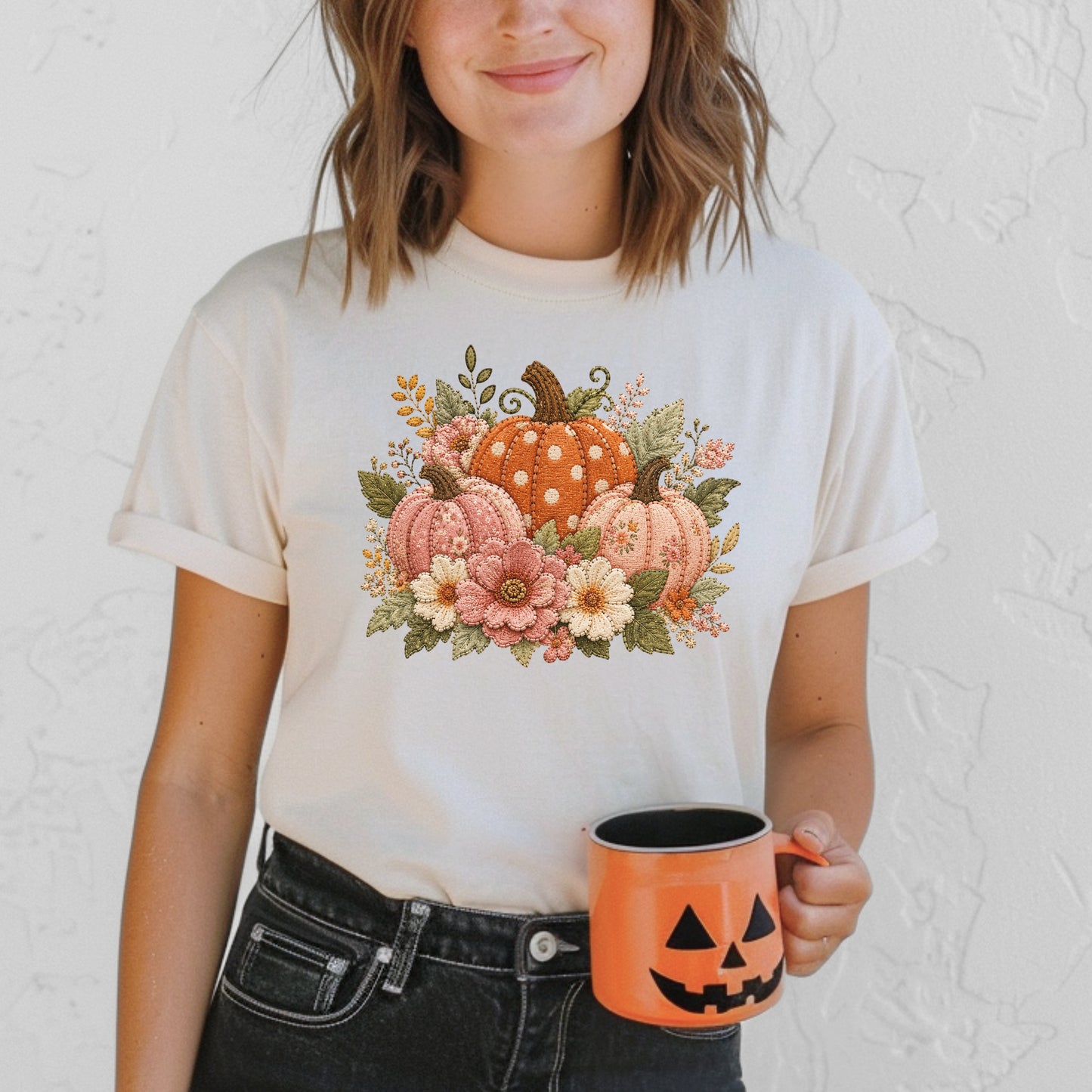 Orange & Pink Trio of Pumpkins with Flower Blooms Faux Patchwork Embroidery T-shirt