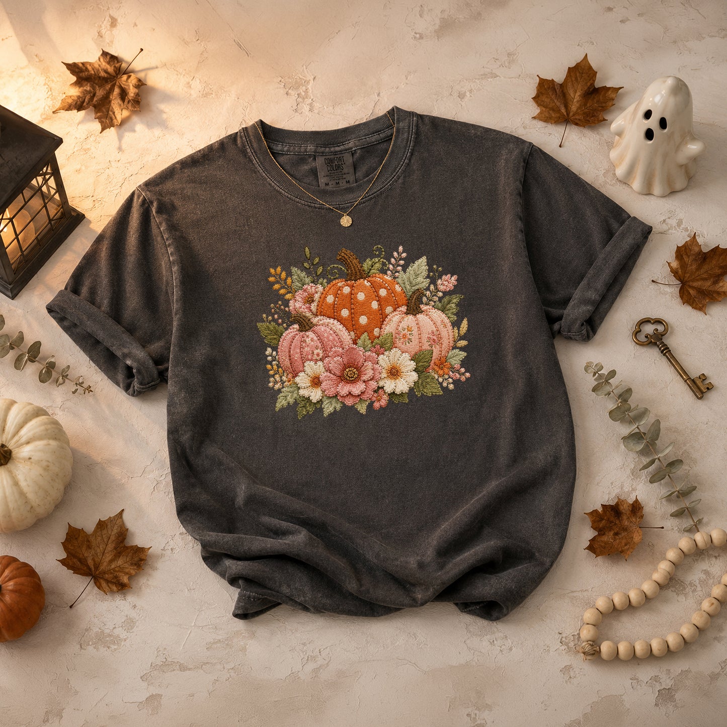 Orange & Pink Trio of Pumpkins with Flower Blooms Faux Patchwork Embroidery T-shirt