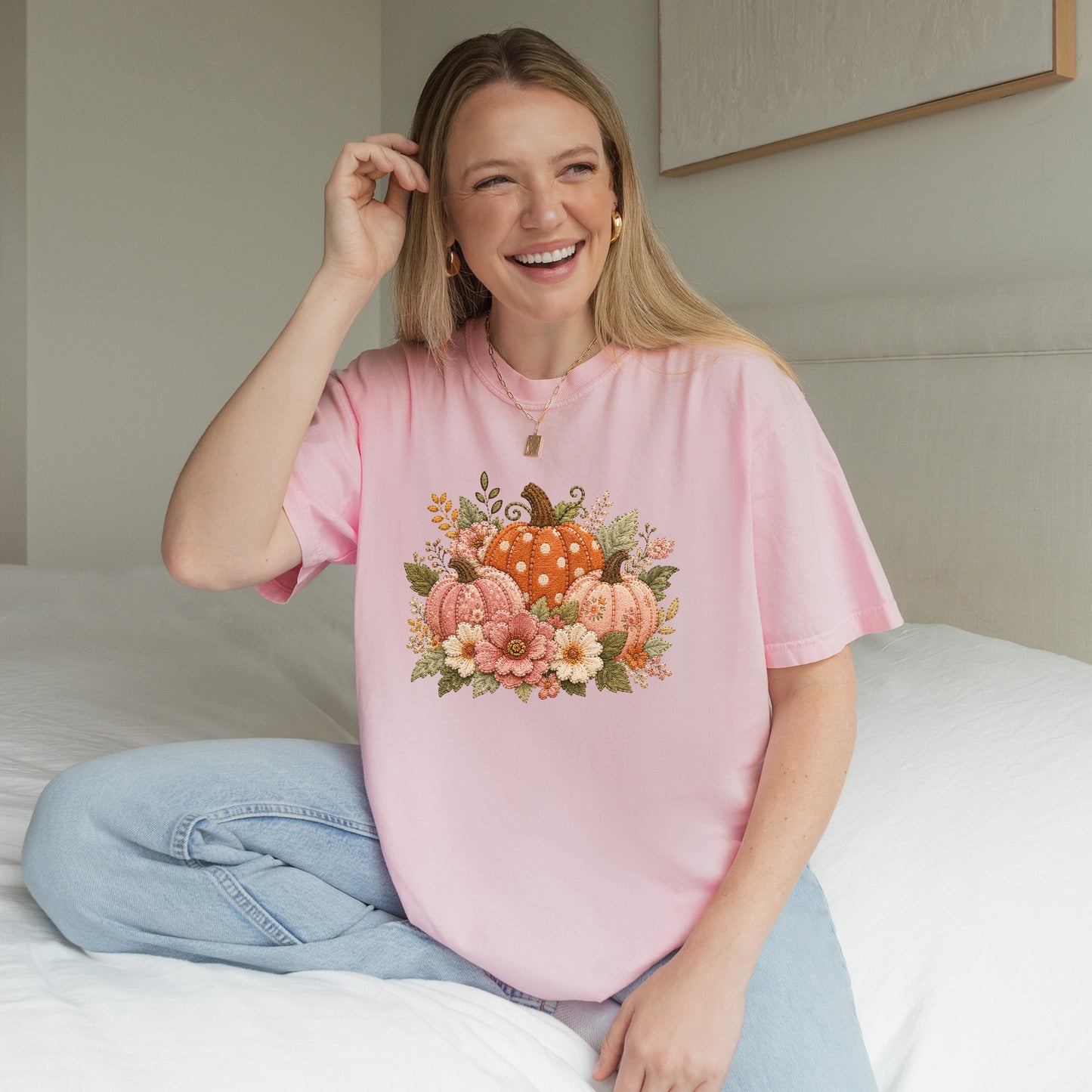Orange & Pink Trio of Pumpkins with Flower Blooms Faux Patchwork Embroidery T-shirt