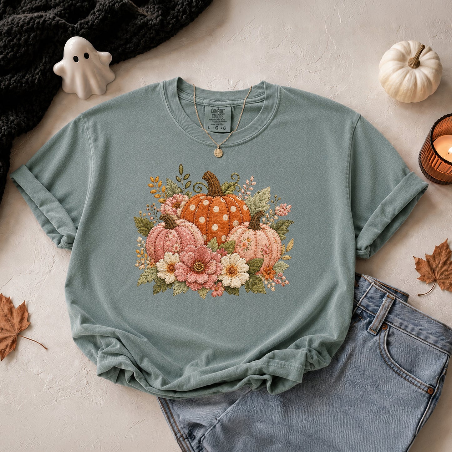 Orange & Pink Trio of Pumpkins with Flower Blooms Faux Patchwork Embroidery T-shirt