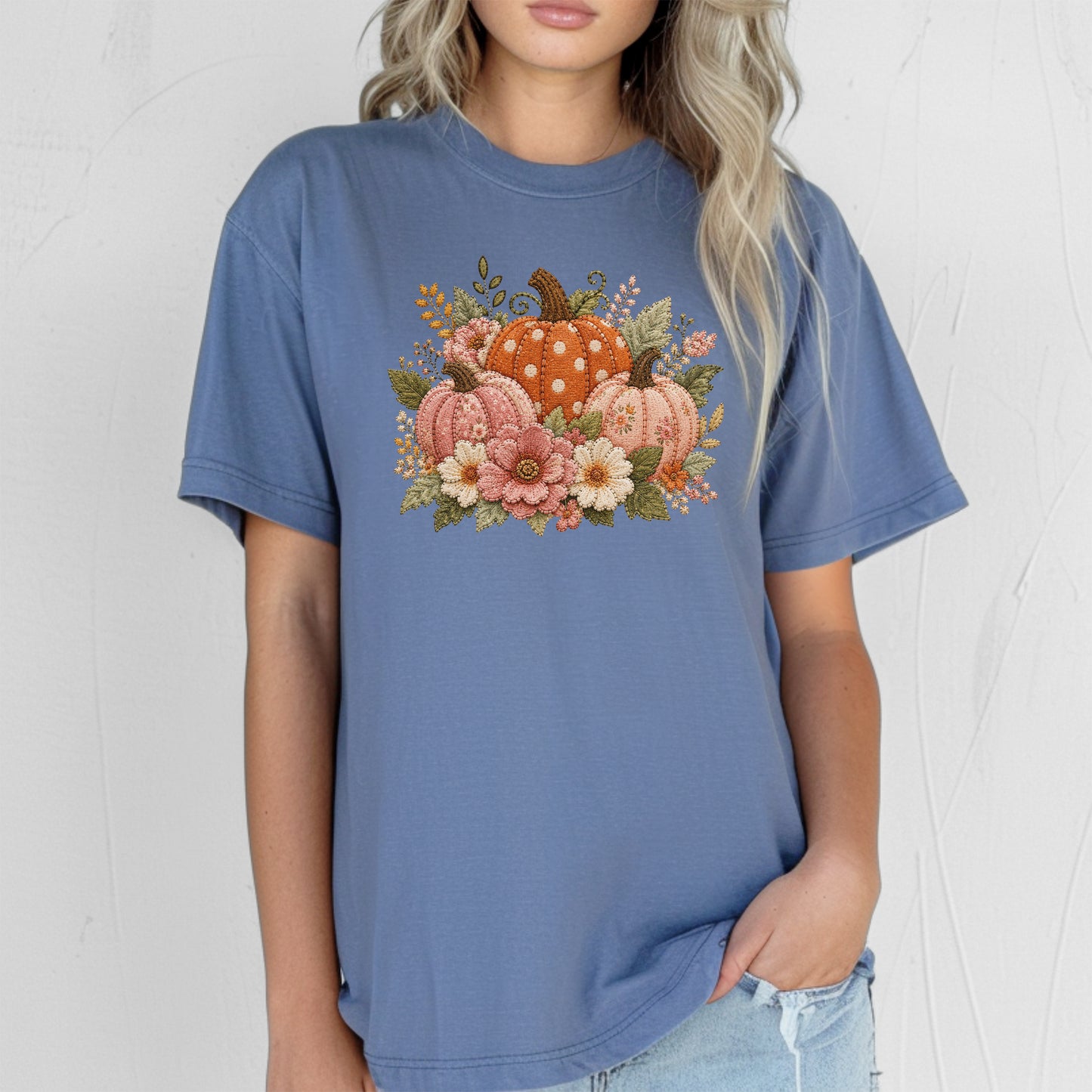 Orange & Pink Trio of Pumpkins with Flower Blooms Faux Patchwork Embroidery T-shirt