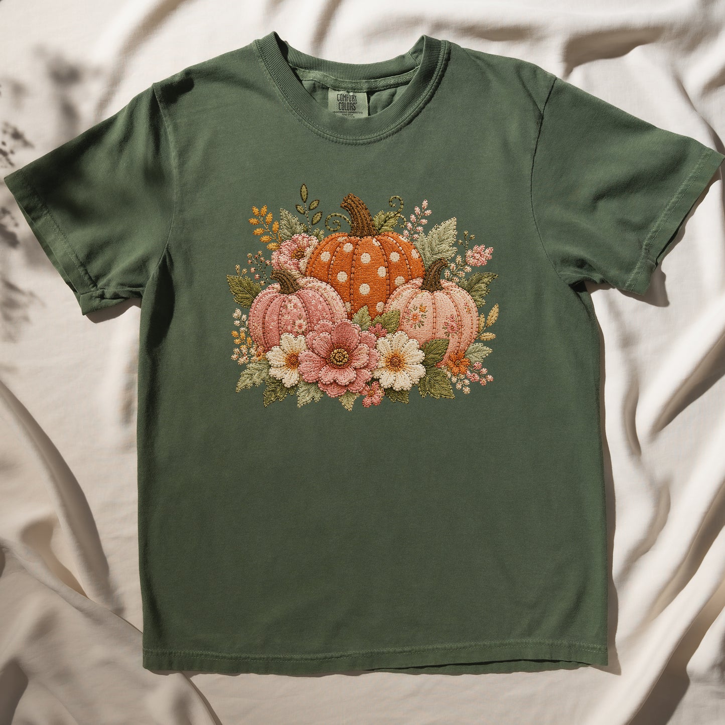 Orange & Pink Trio of Pumpkins with Flower Blooms Faux Patchwork Embroidery T-shirt