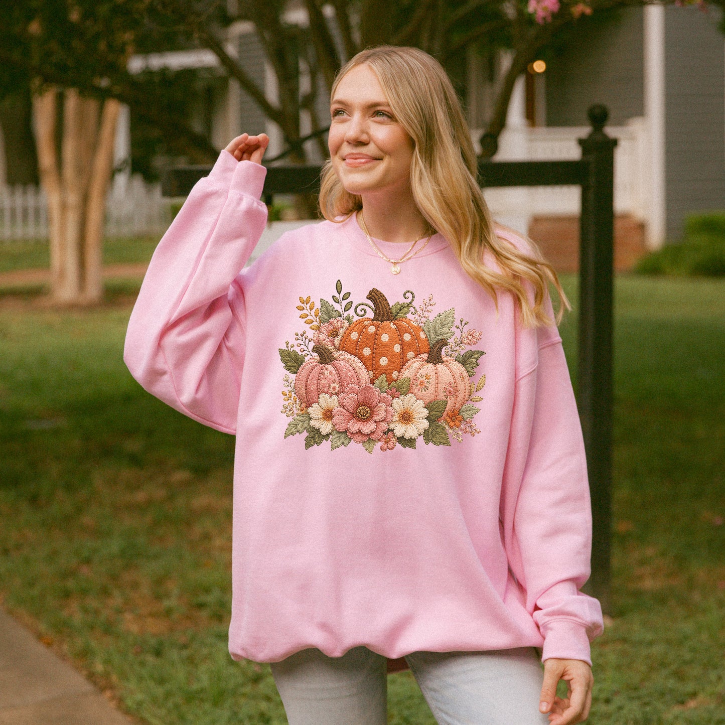 Orange & Pink Pumpkin Trio with Flower Blooms Faux Patchwork Embroidery Crewneck Sweatshirt