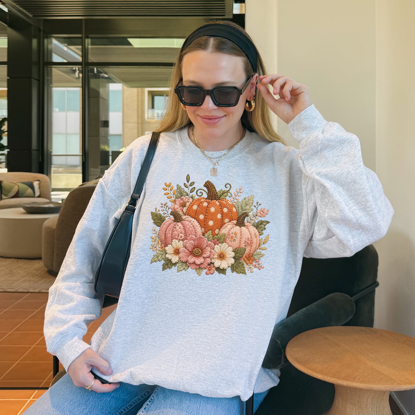 Orange & Pink Pumpkin Trio with Flower Blooms Faux Patchwork Embroidery Crewneck Sweatshirt