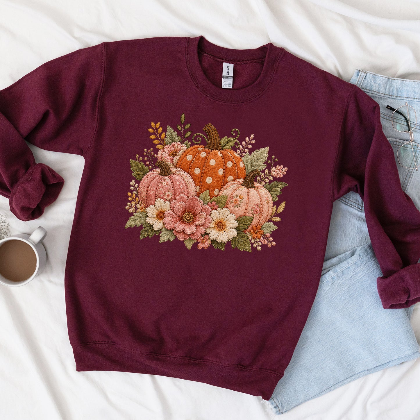 Orange & Pink Pumpkin Trio with Flower Blooms Faux Patchwork Embroidery Crewneck Sweatshirt