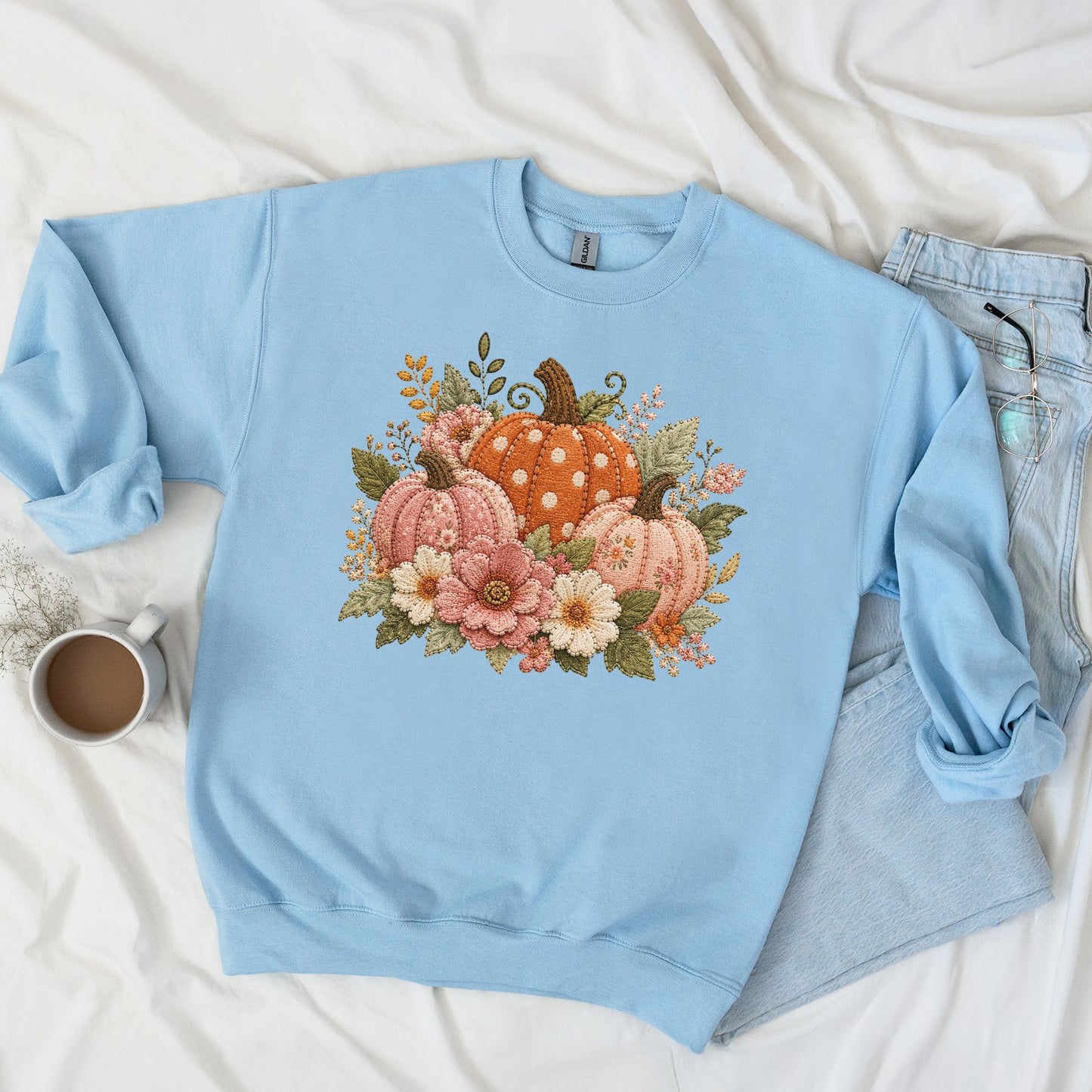 Orange & Pink Pumpkin Trio with Flower Blooms Faux Patchwork Embroidery Crewneck Sweatshirt