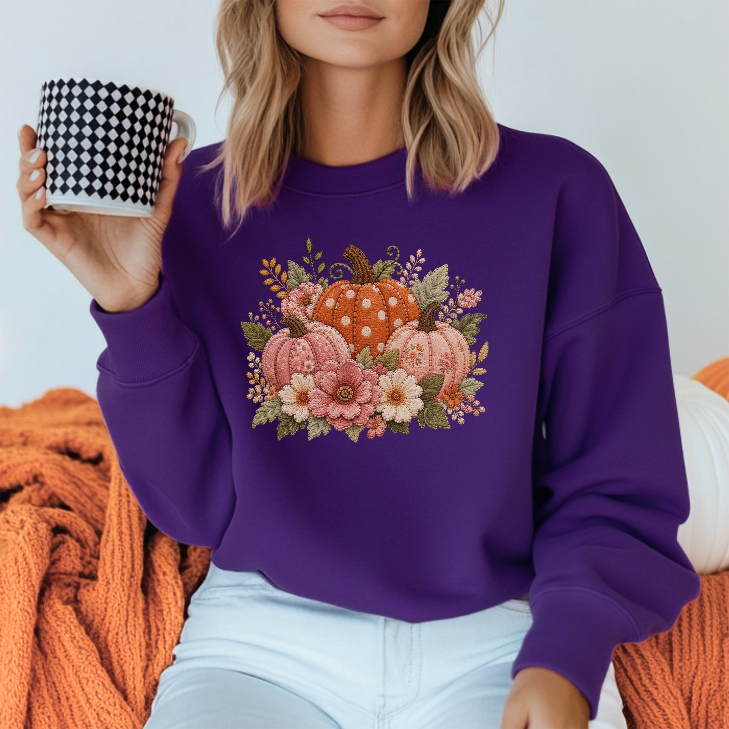 Orange & Pink Pumpkin Trio with Flower Blooms Faux Patchwork Embroidery Crewneck Sweatshirt
