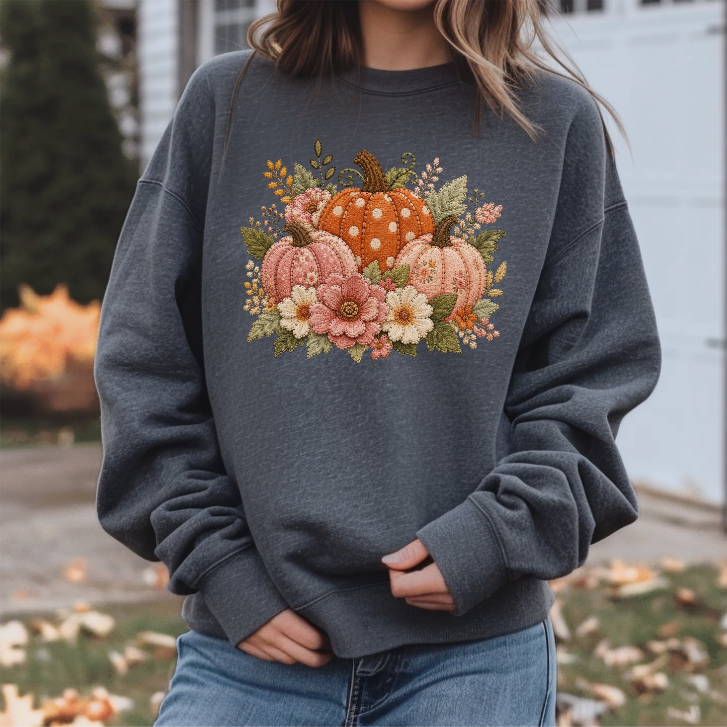 Orange & Pink Pumpkin Trio with Flower Blooms Faux Patchwork Embroidery Crewneck Sweatshirt