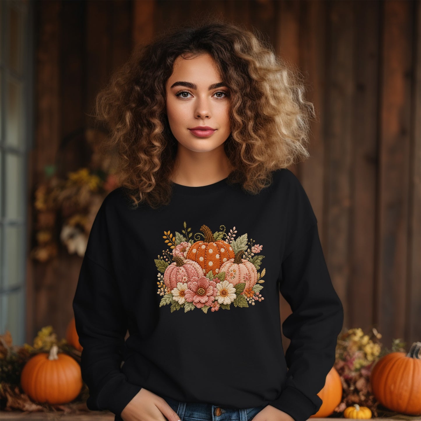 Orange & Pink Pumpkin Trio with Flower Blooms Faux Patchwork Embroidery Crewneck Sweatshirt
