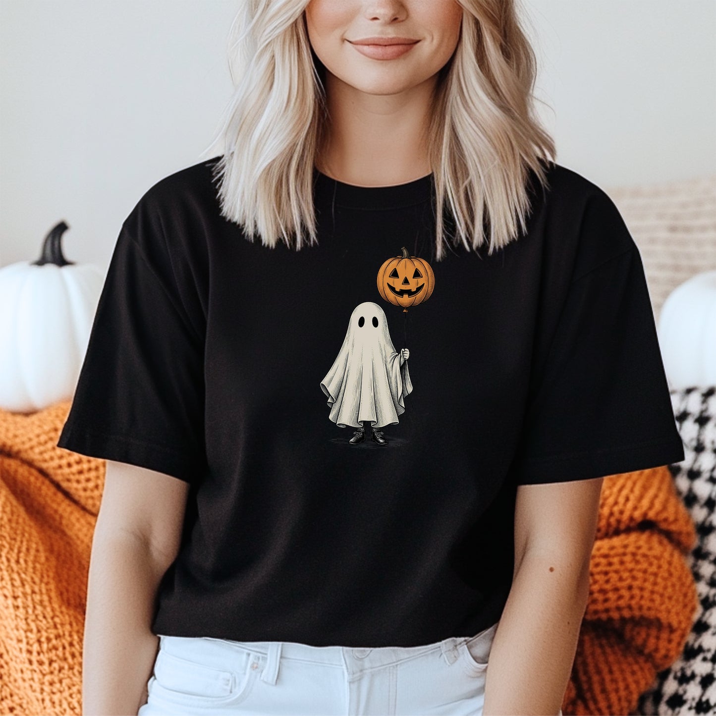 Simple Boho Ghost Holding a Pumpkin Balloon T-shirt