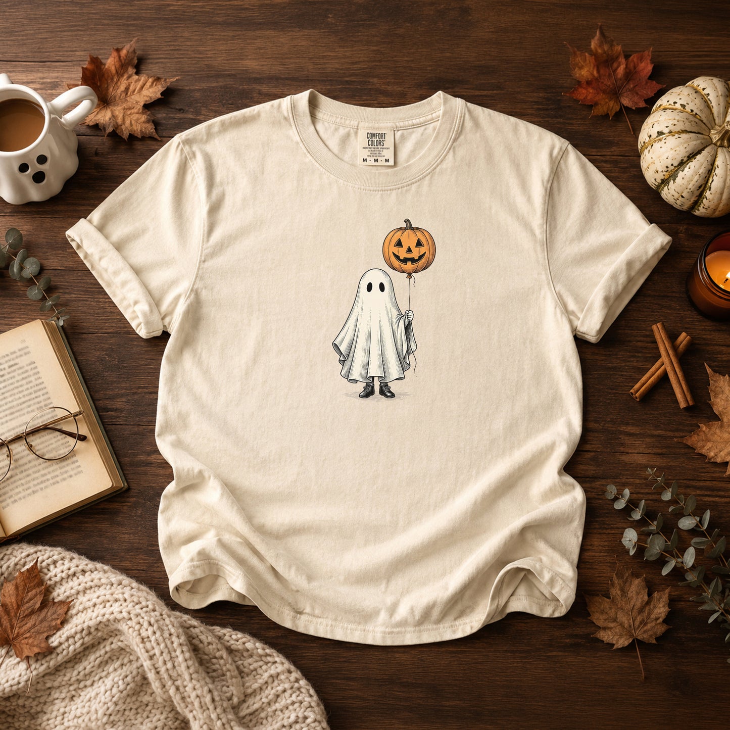 Simple Boho Ghost Holding a Pumpkin Balloon T-shirt
