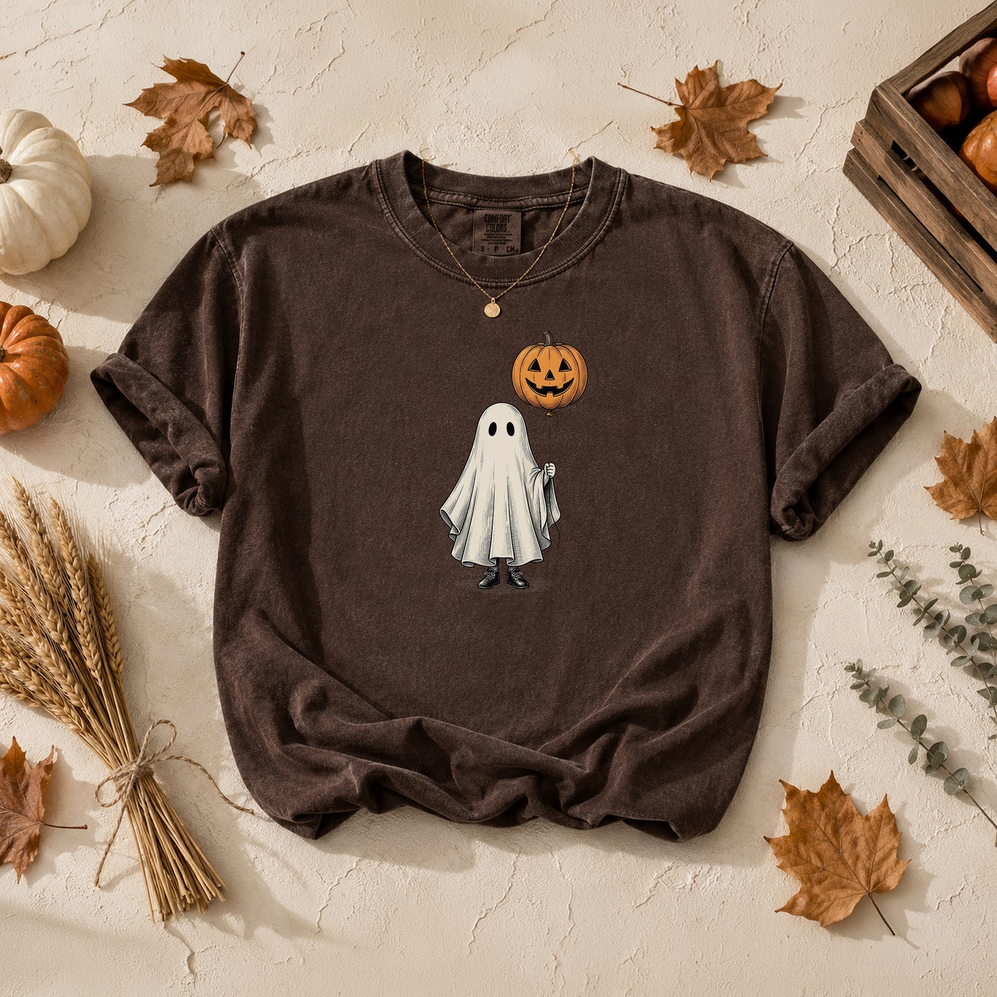 Simple Boho Ghost Holding a Pumpkin Balloon T-shirt
