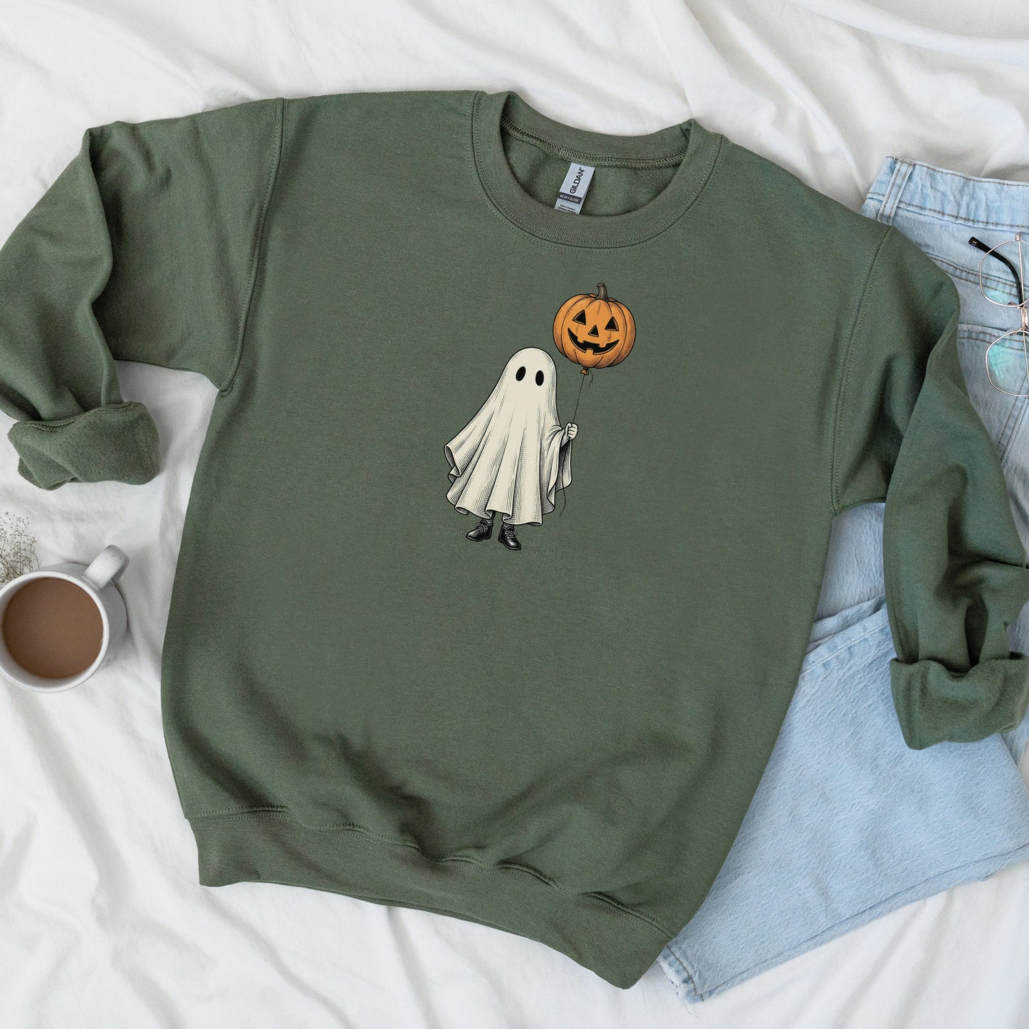 Simple Boho Ghost Holding a Pumpkin Balloon Crewneck Sweatshirt