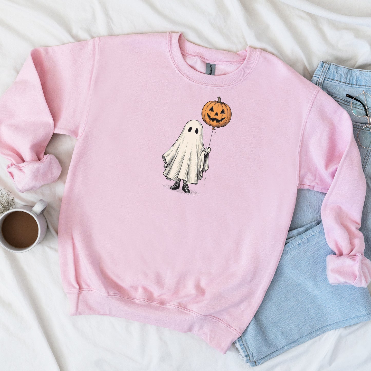 Simple Boho Ghost Holding a Pumpkin Balloon Crewneck Sweatshirt