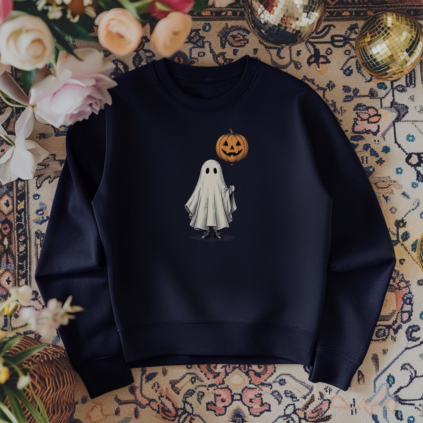 Simple Boho Ghost Holding a Pumpkin Balloon Crewneck Sweatshirt