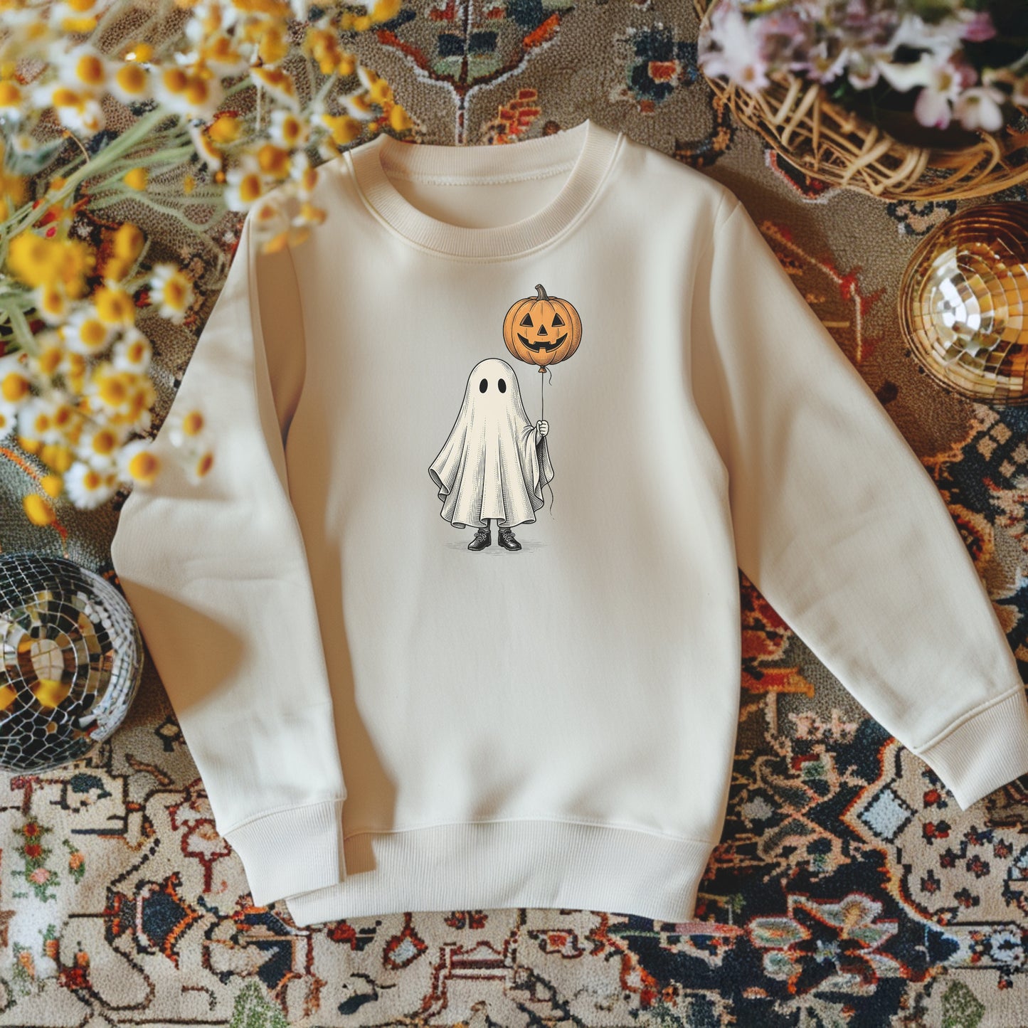 Simple Boho Ghost Holding a Pumpkin Balloon Crewneck Sweatshirt
