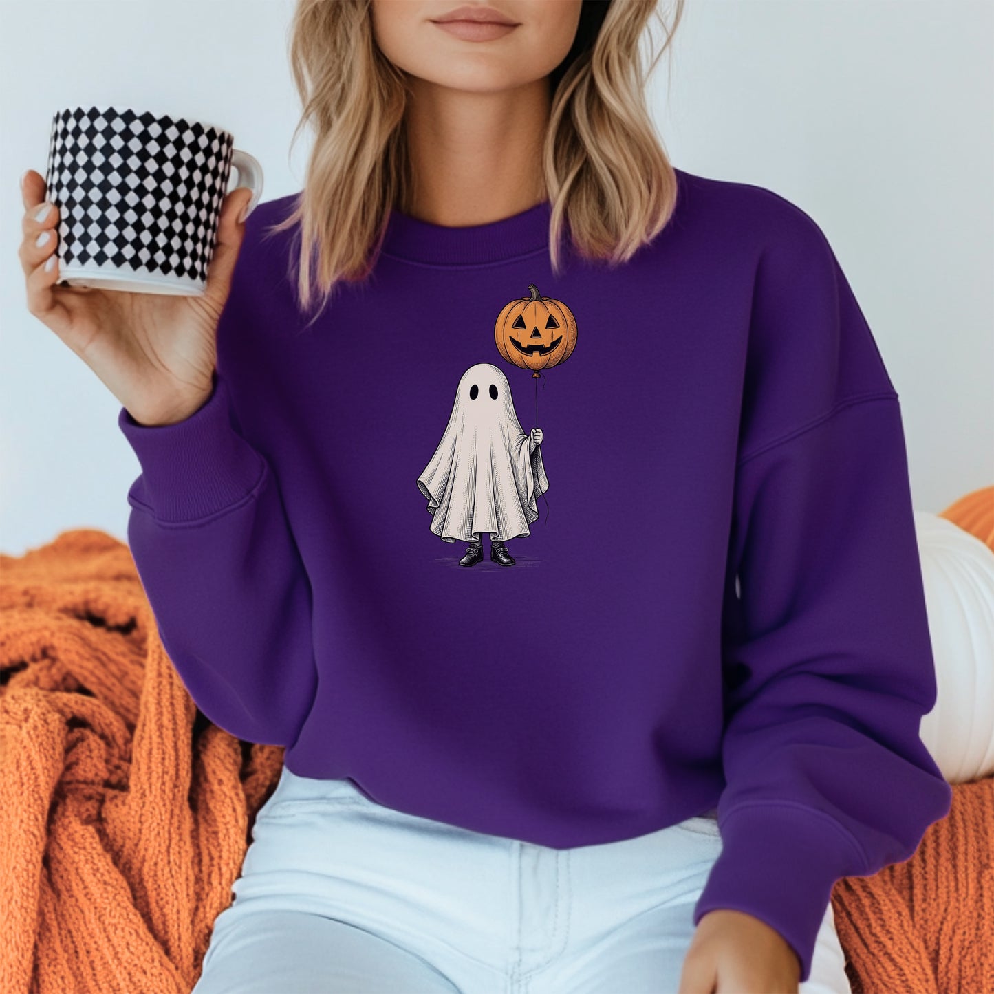 Simple Boho Ghost Holding a Pumpkin Balloon Crewneck Sweatshirt