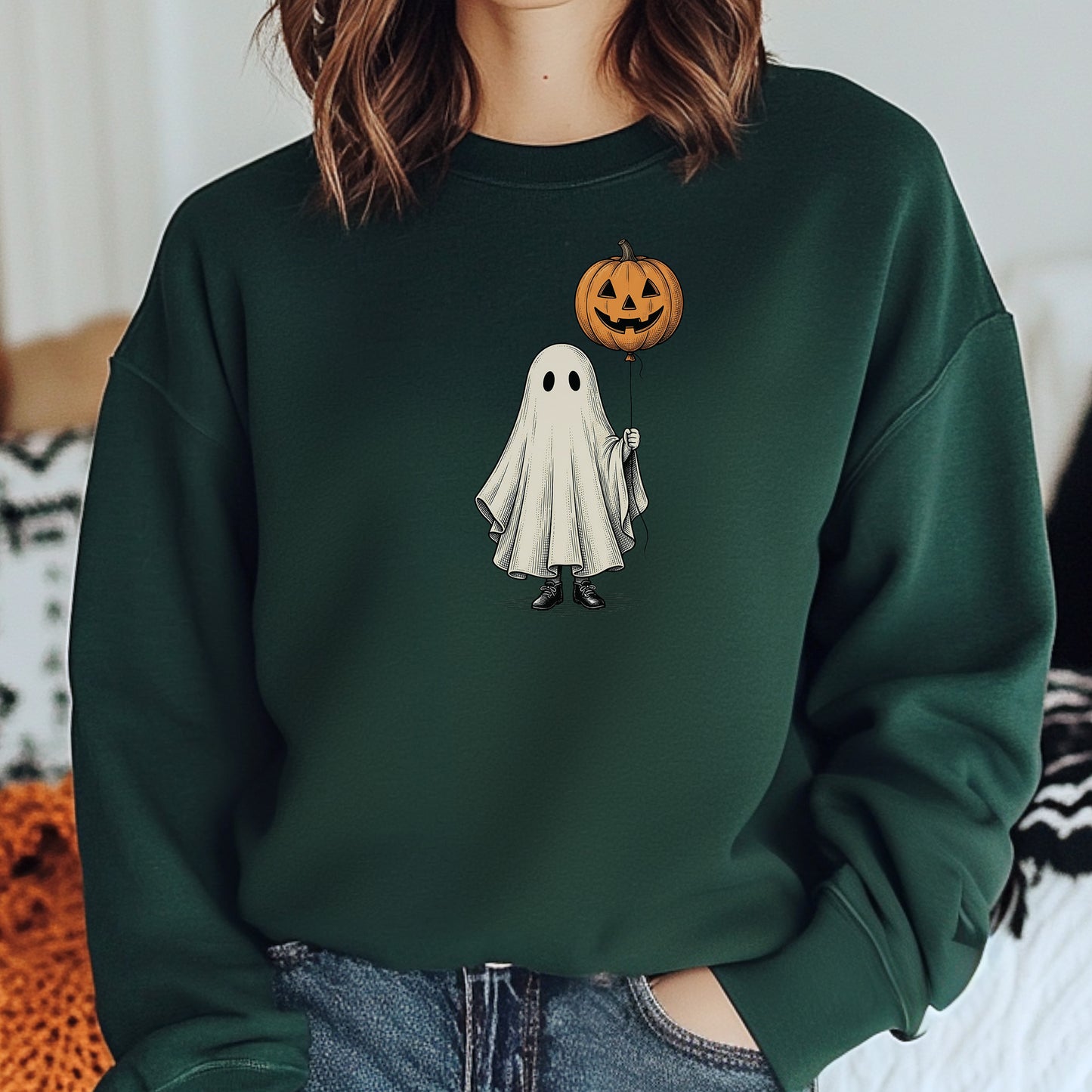 Simple Boho Ghost Holding a Pumpkin Balloon Crewneck Sweatshirt