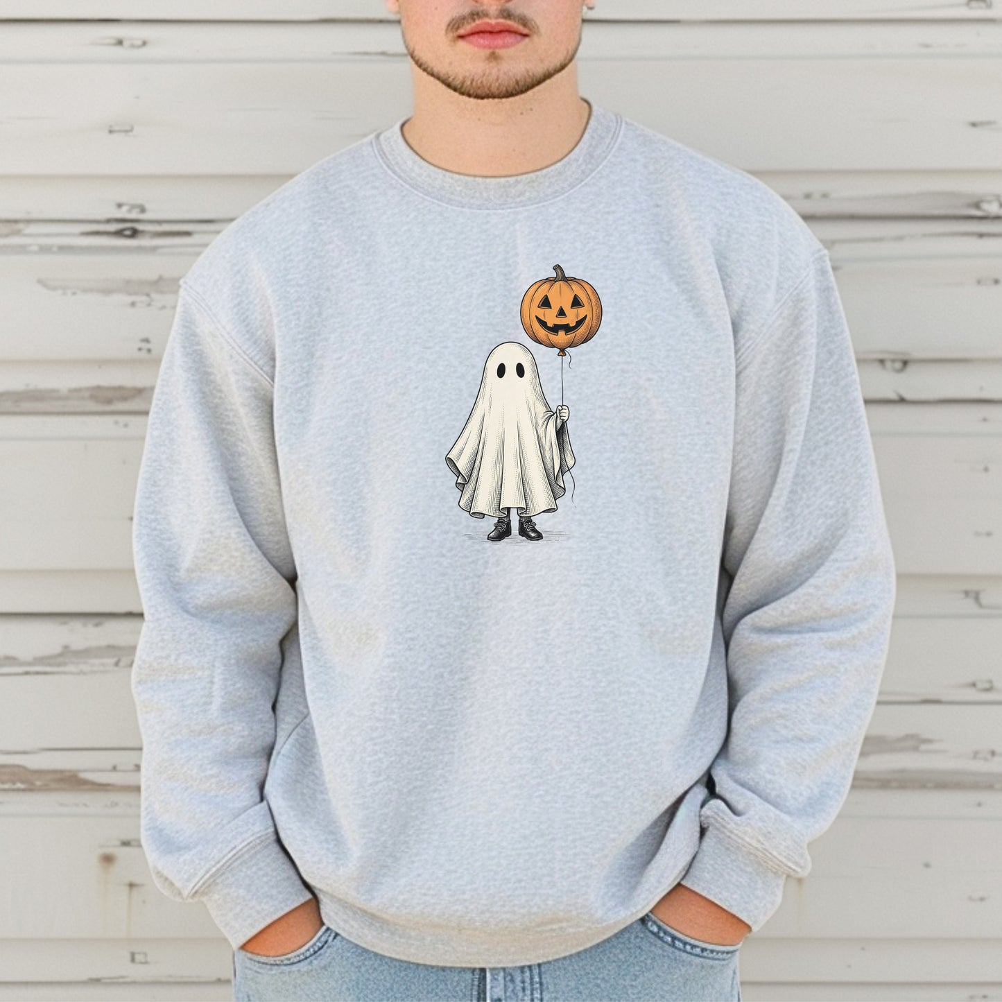 Simple Boho Ghost Holding a Pumpkin Balloon Crewneck Sweatshirt