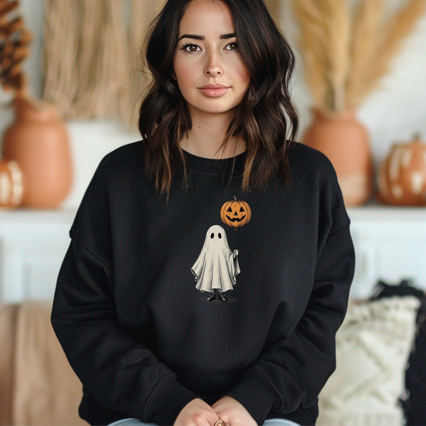 Simple Boho Ghost Holding a Pumpkin Balloon Crewneck Sweatshirt