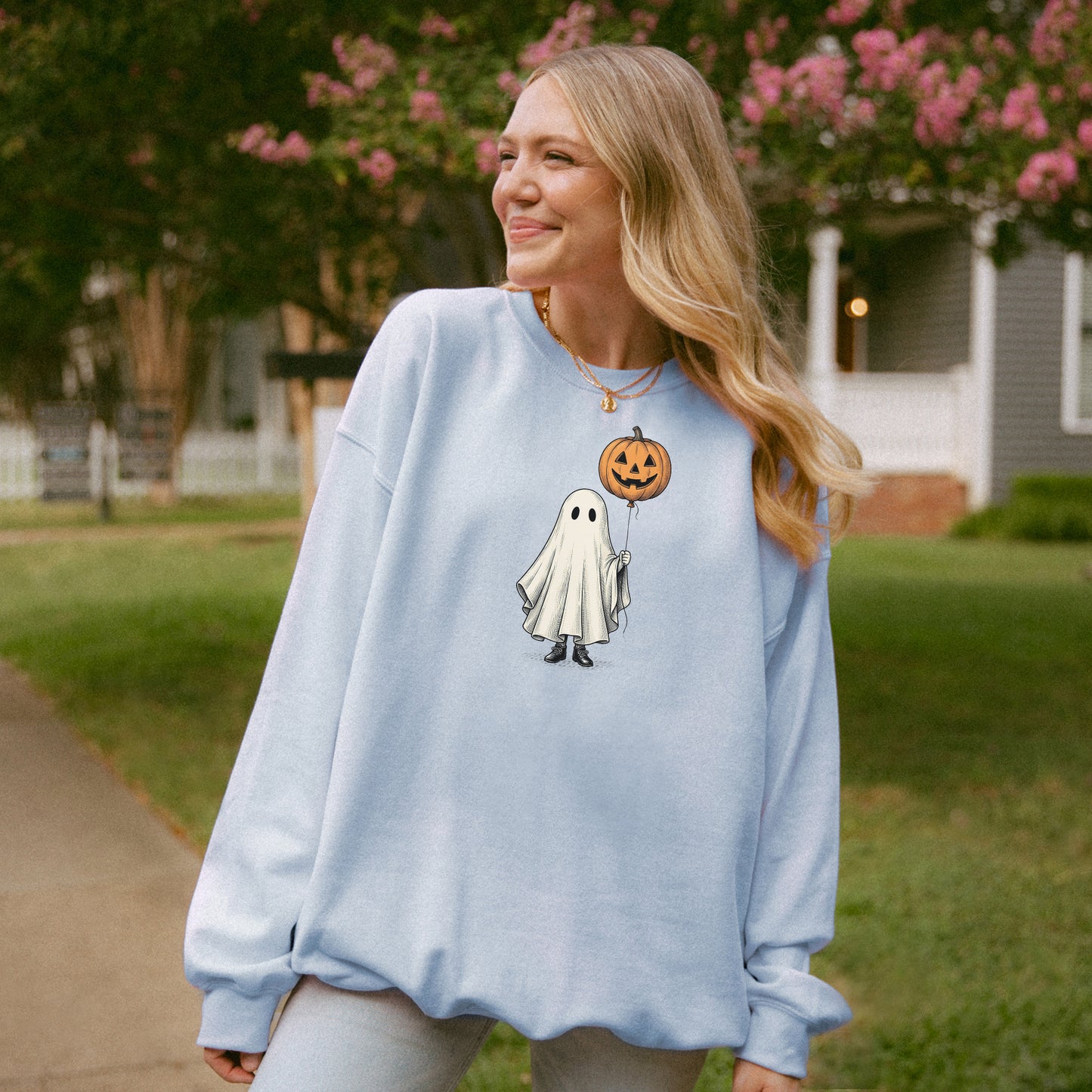 Simple Boho Ghost Holding a Pumpkin Balloon Crewneck Sweatshirt