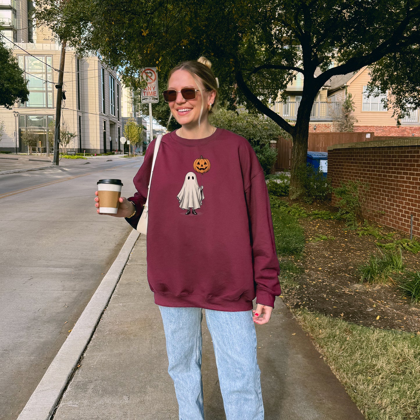 Simple Boho Ghost Holding a Pumpkin Balloon Crewneck Sweatshirt