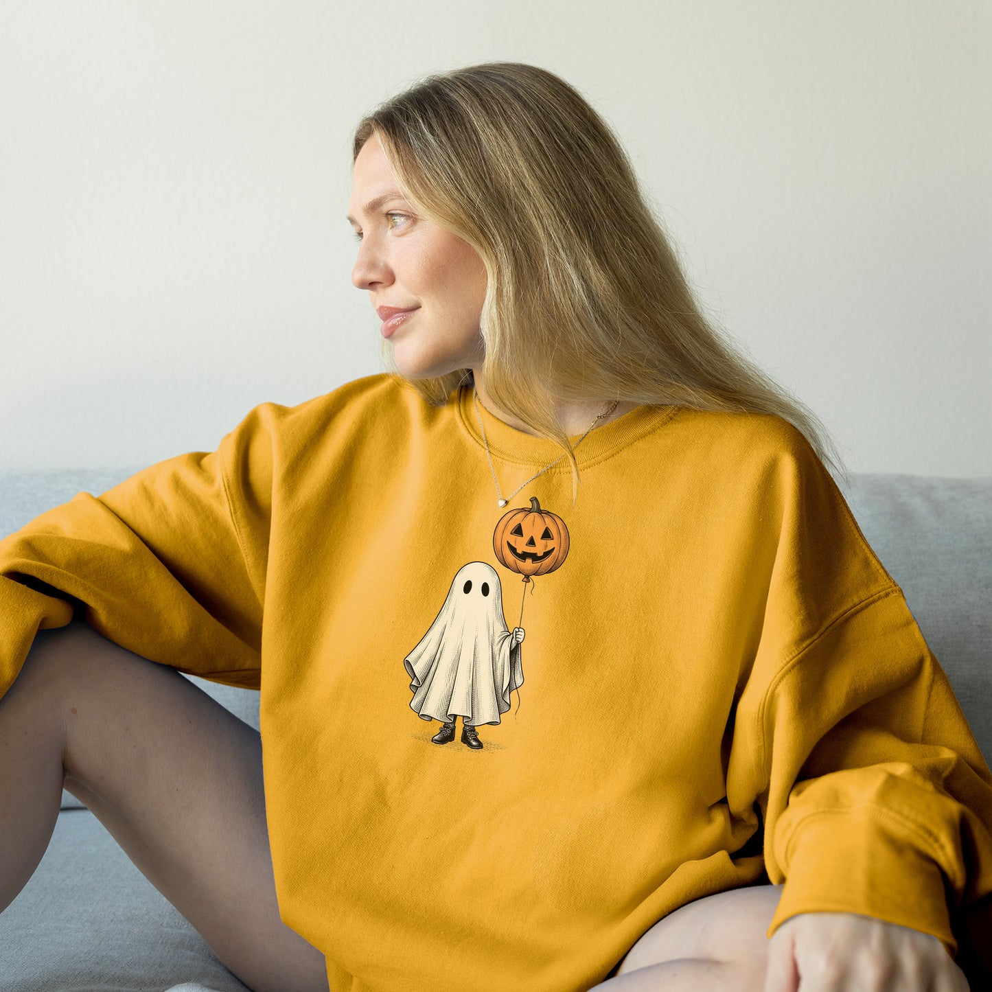 Simple Boho Ghost Holding a Pumpkin Balloon Crewneck Sweatshirt