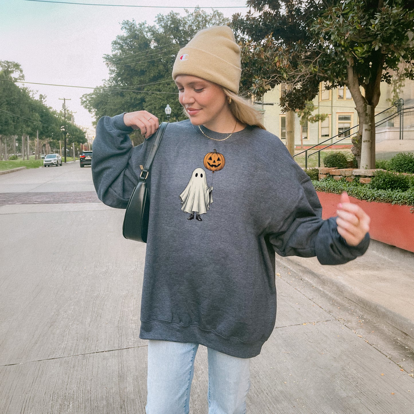 Simple Boho Ghost Holding a Pumpkin Balloon Crewneck Sweatshirt