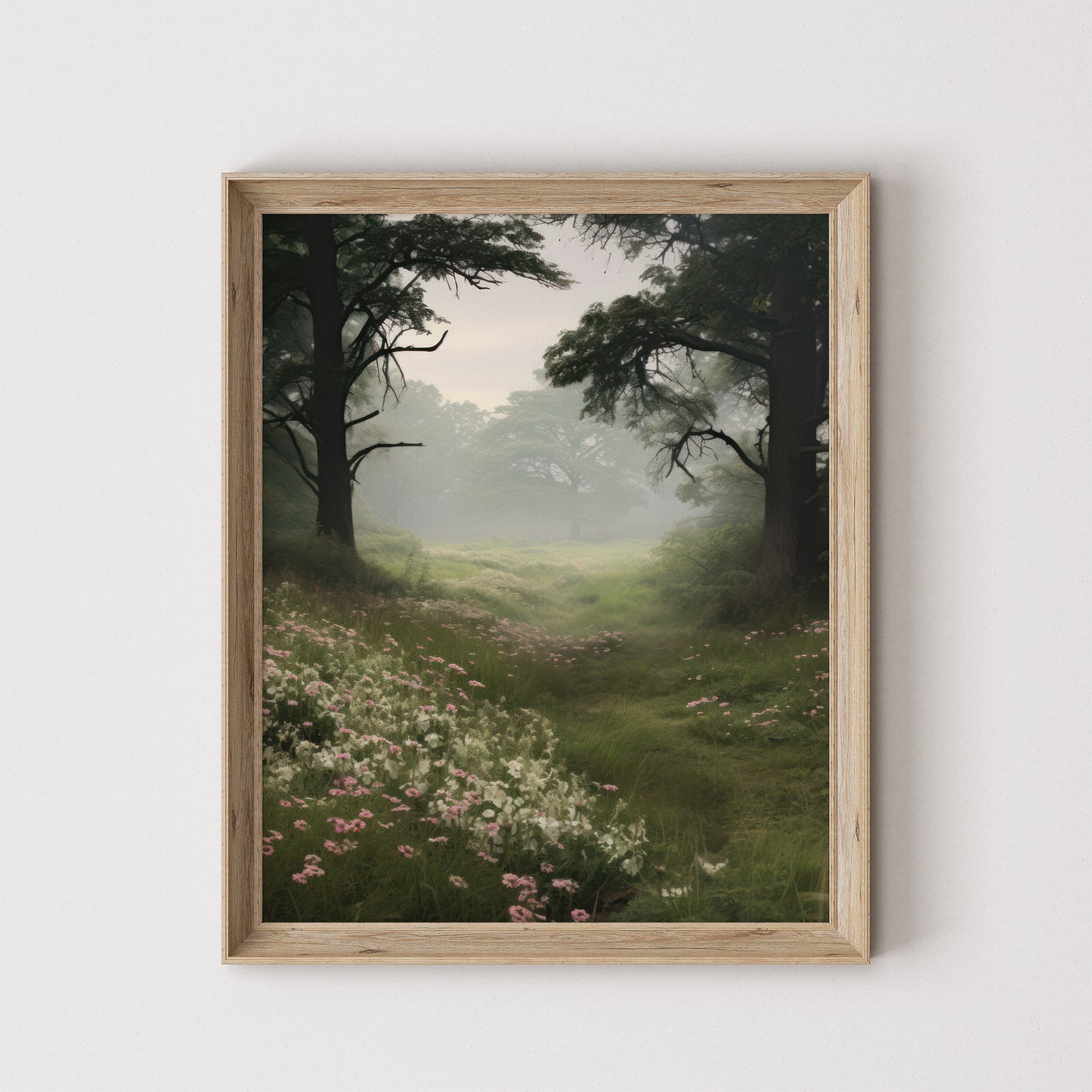 Foggy Meadow with Delicate Flower Blooms & Trees Matte Vertical Poster Art Print