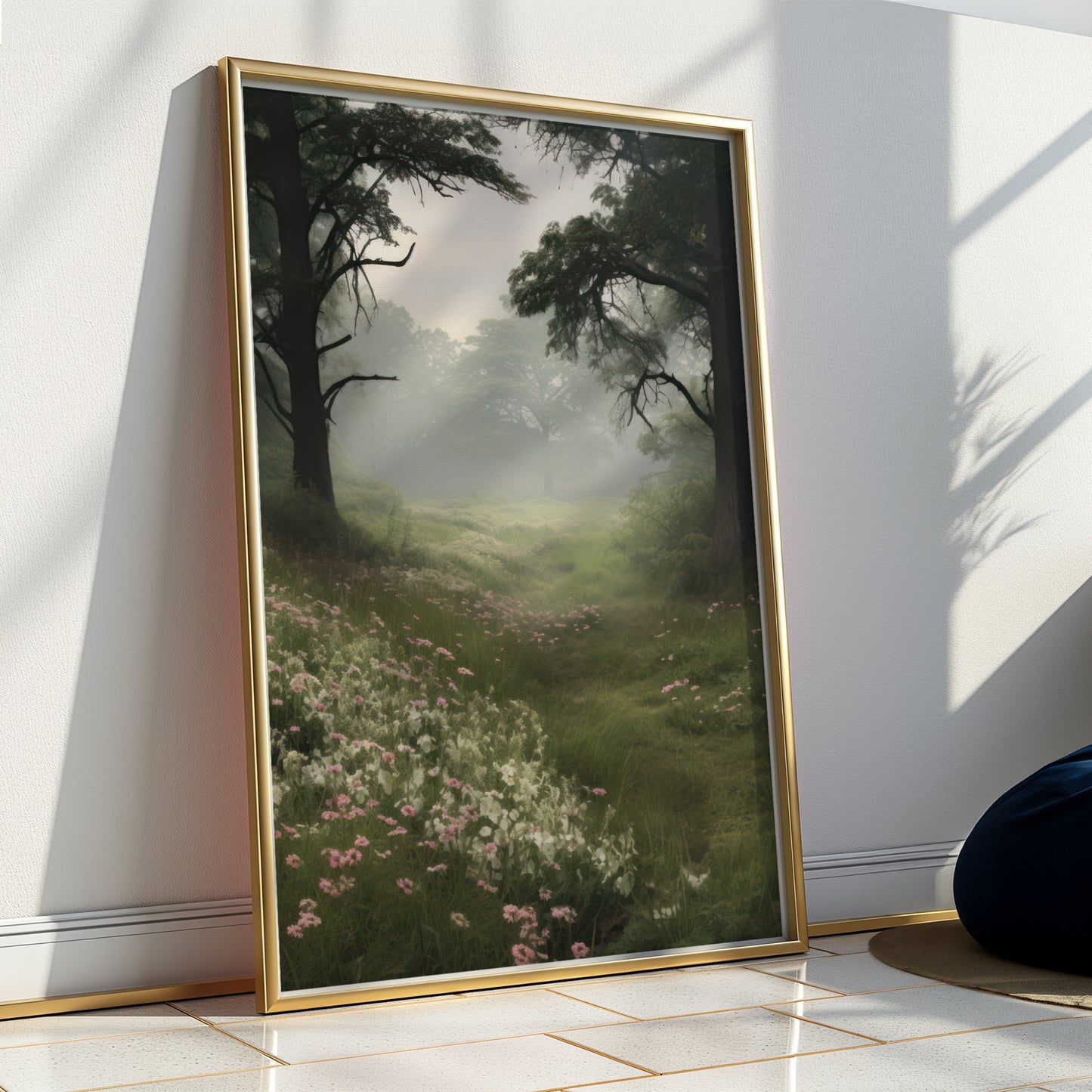 Foggy Meadow with Delicate Flower Blooms & Trees Matte Vertical Poster Art Print