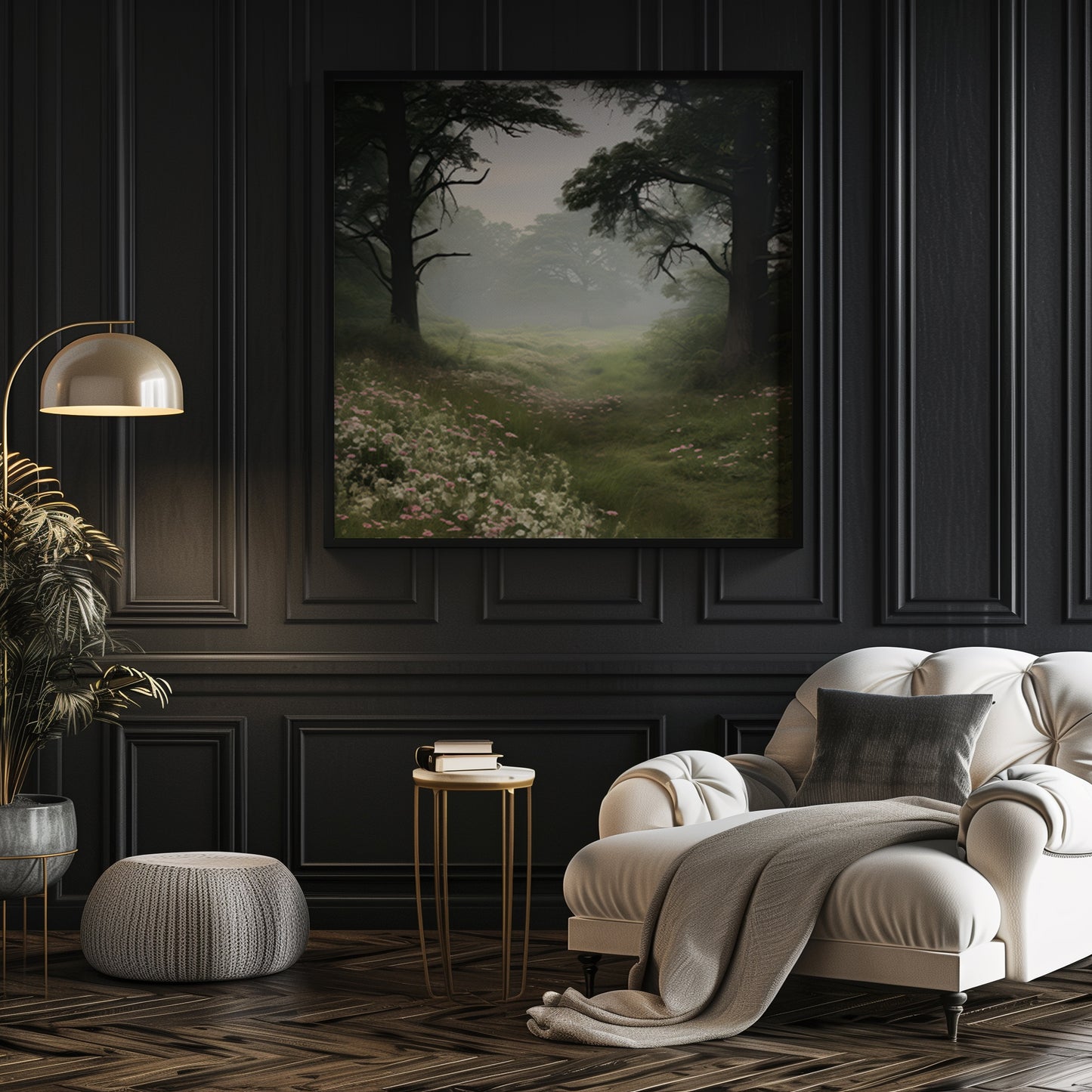 Foggy Meadow with Delicate Flower Blooms & Trees Matte Vertical Poster Art Print