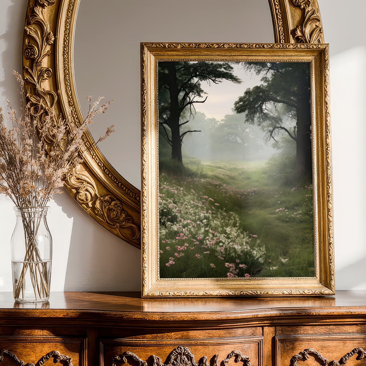 Foggy Meadow with Delicate Flower Blooms & Trees Matte Vertical Poster Art Print
