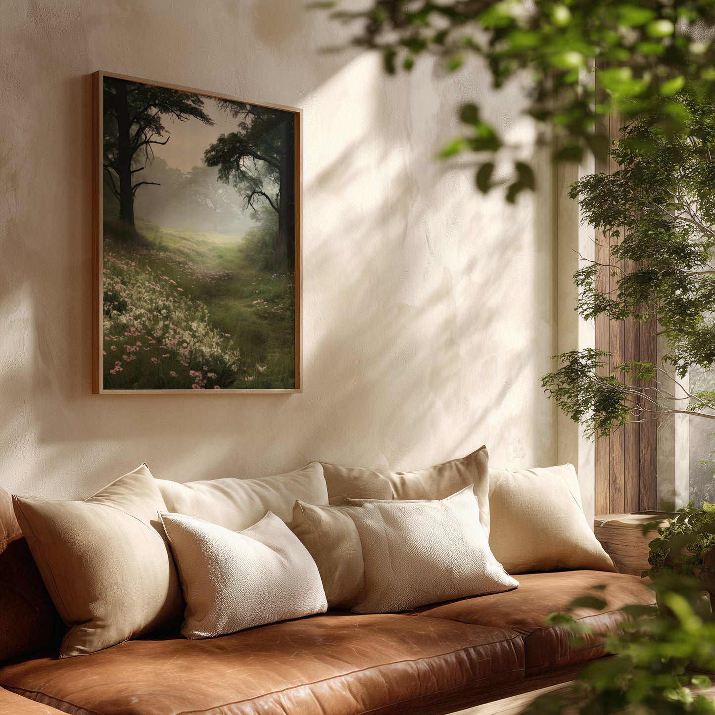 Foggy Meadow with Delicate Flower Blooms & Trees Matte Vertical Poster Art Print