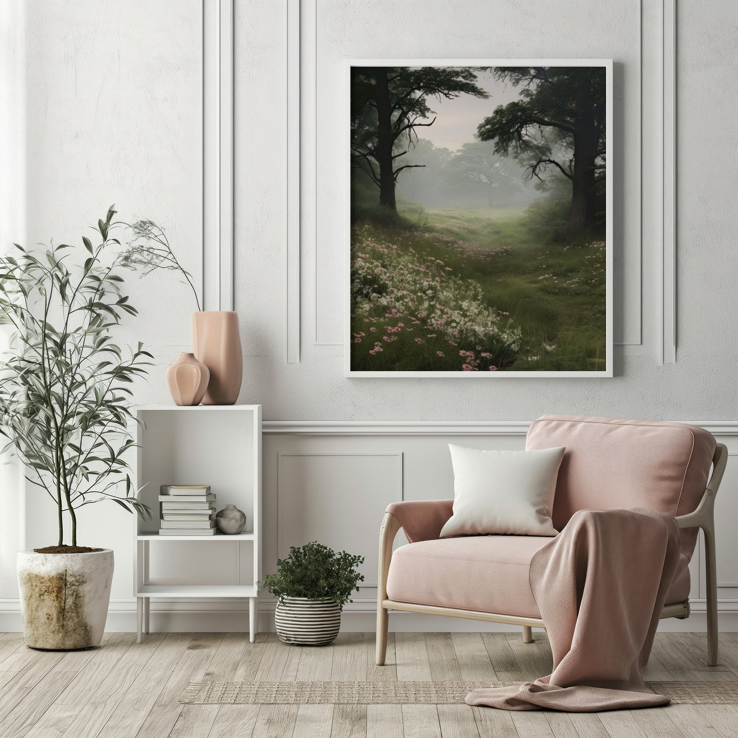 Foggy Meadow with Delicate Flower Blooms & Trees Matte Vertical Poster Art Print