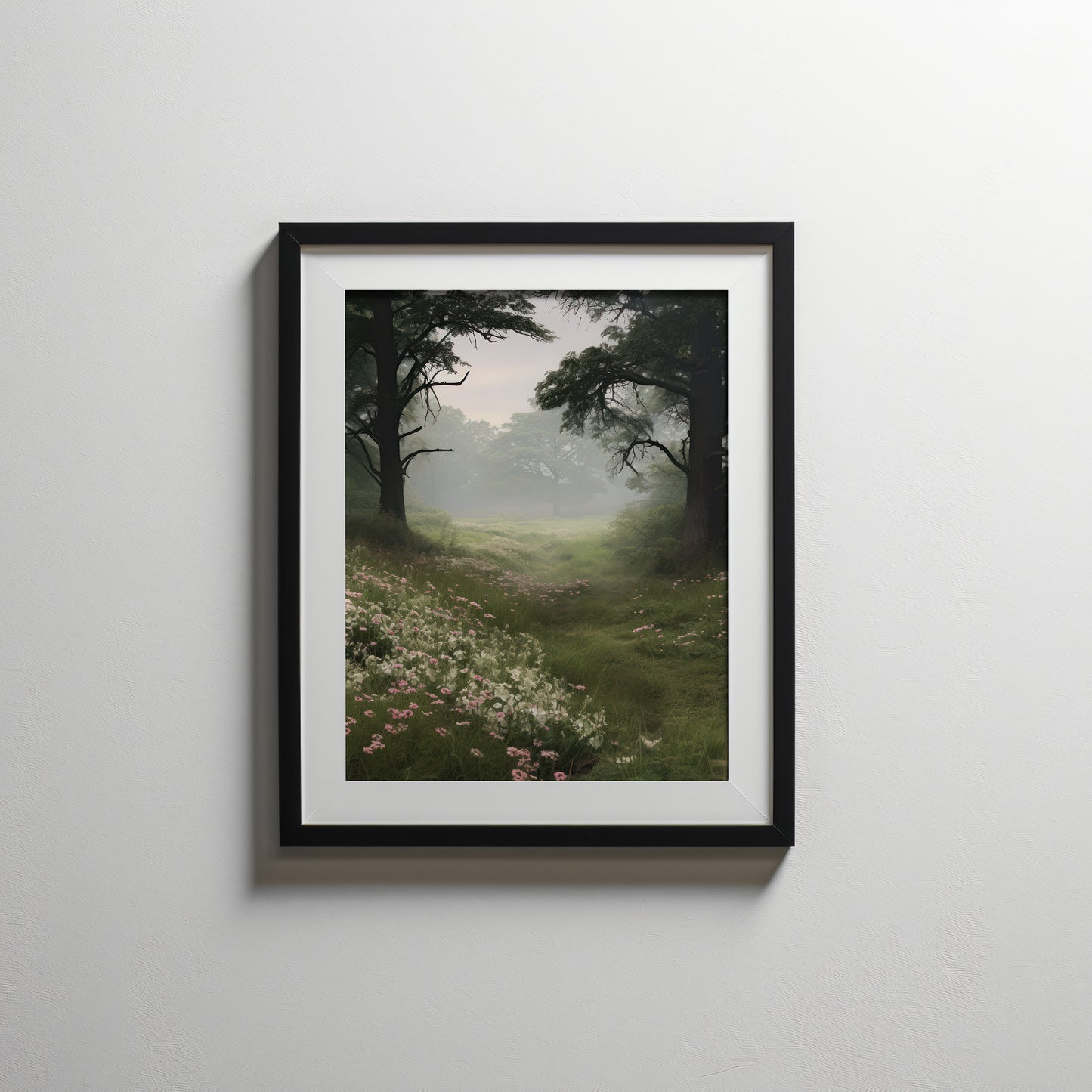 Foggy Meadow with Delicate Flower Blooms & Trees Matte Vertical Poster Art Print