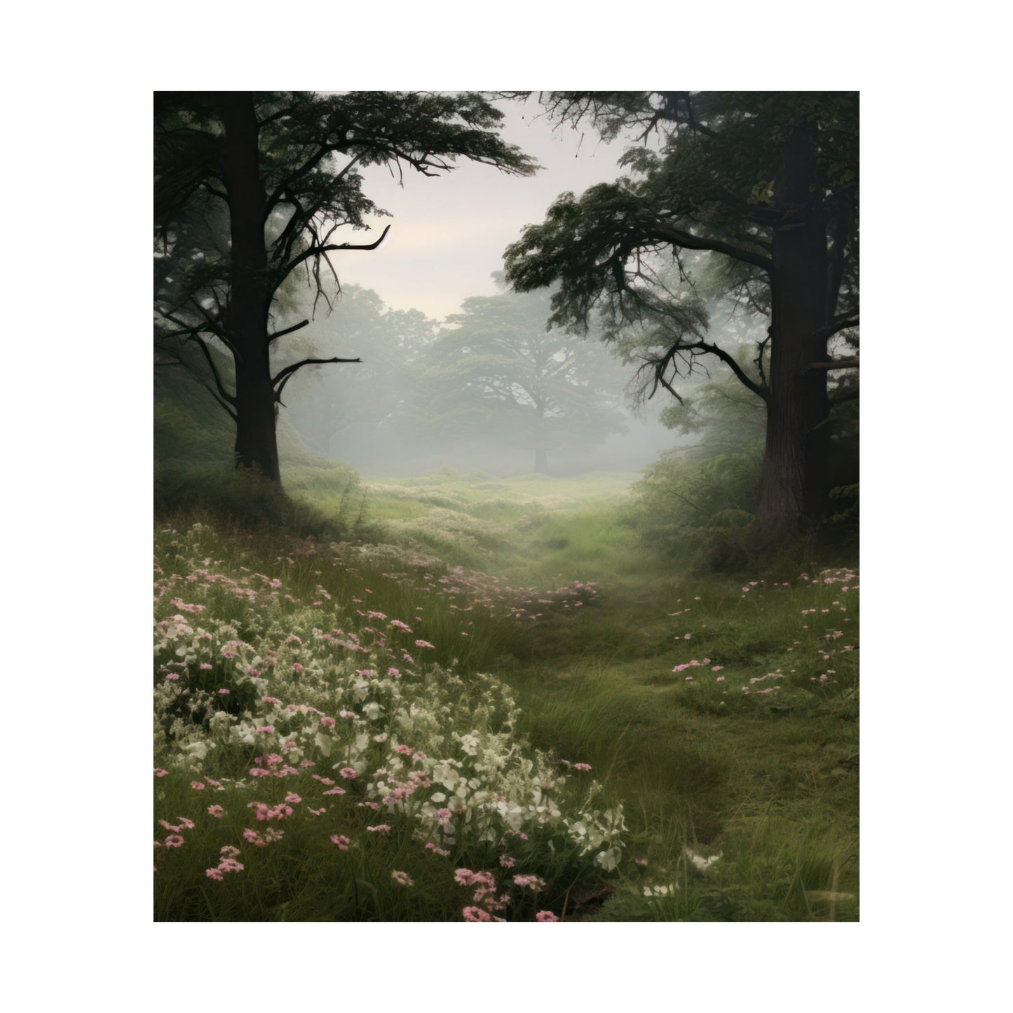 Foggy Meadow with Delicate Flower Blooms & Trees Matte Vertical Poster Art Print